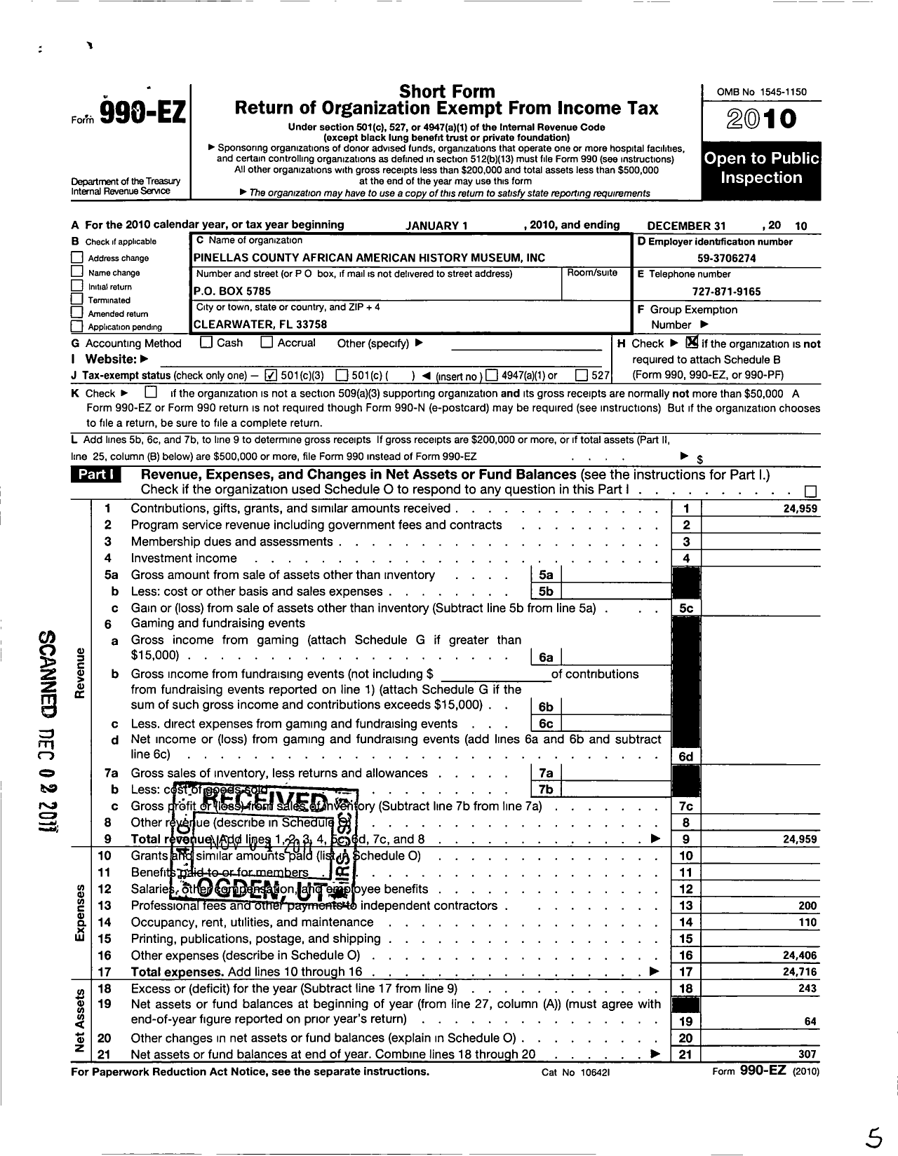 Image of first page of 2010 Form 990EZ for Pinellas County African American History Museum