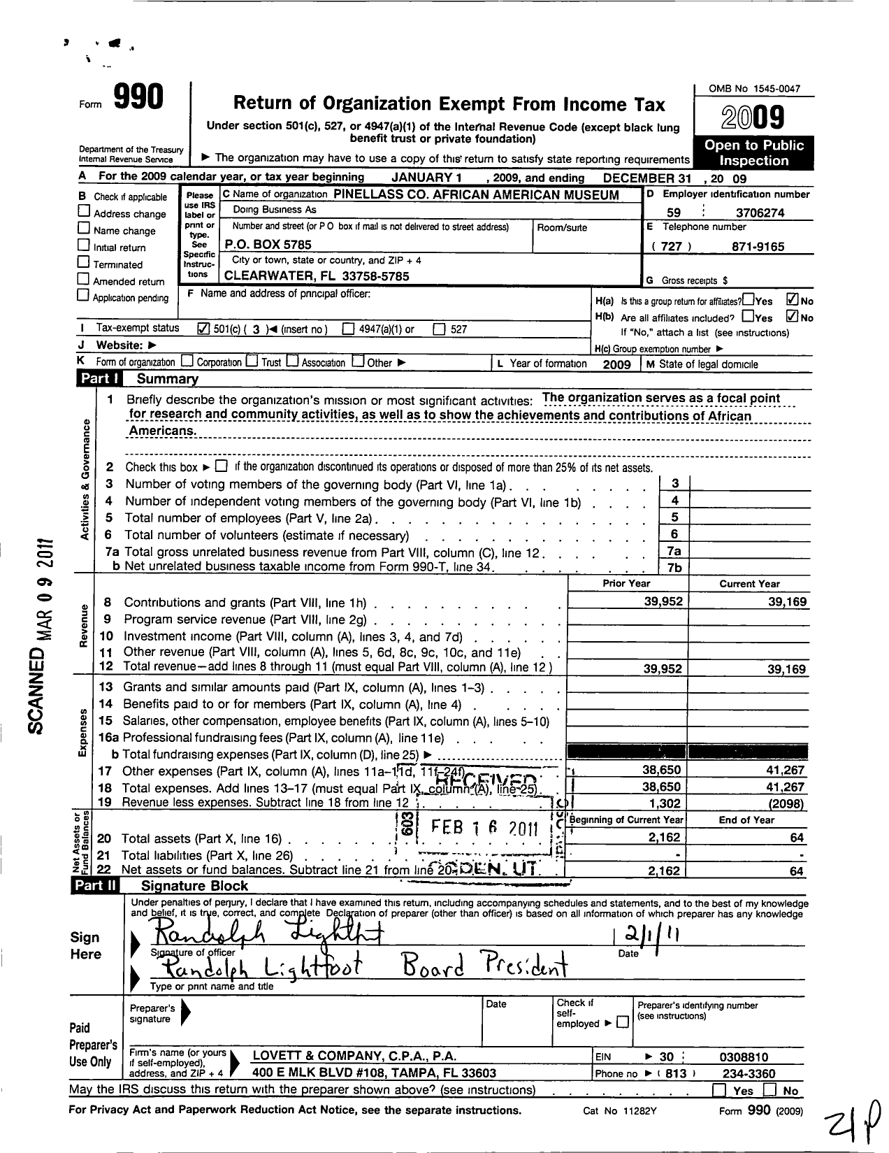 Image of first page of 2009 Form 990 for Pinellas County African American History Museum