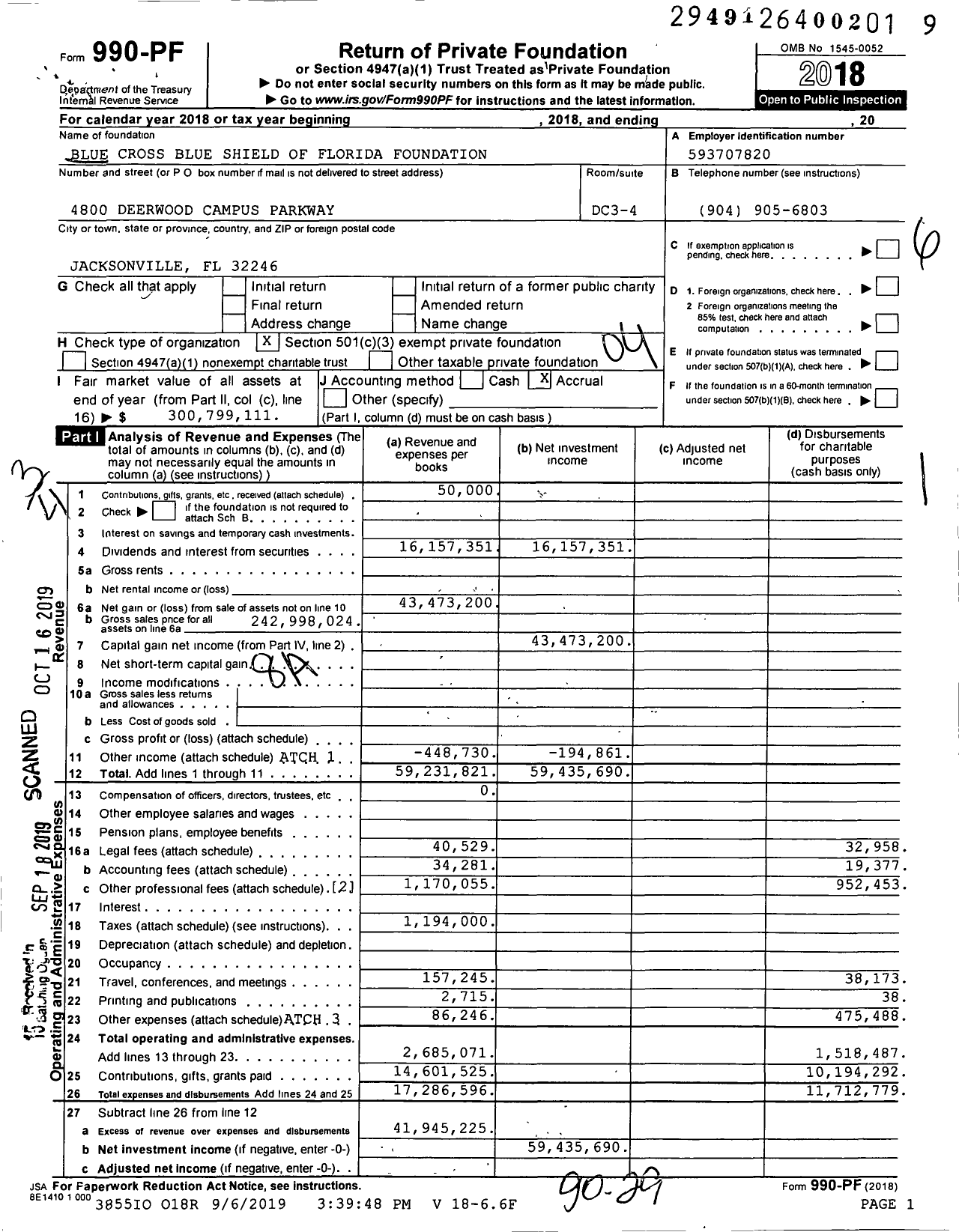 Image of first page of 2018 Form 990PF for Blue Cross Blue Shield of Florida Foundation