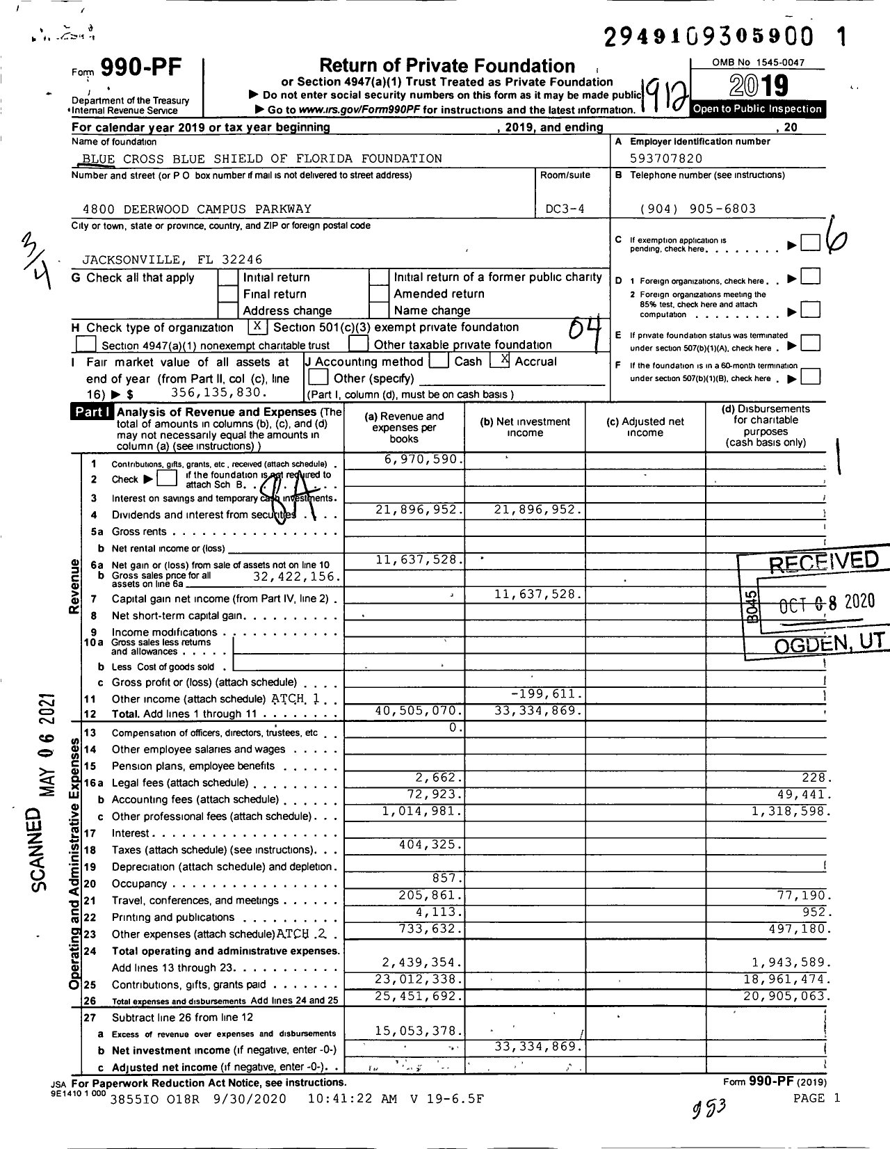 Image of first page of 2019 Form 990PF for Blue Cross Blue Shield of Florida Foundation