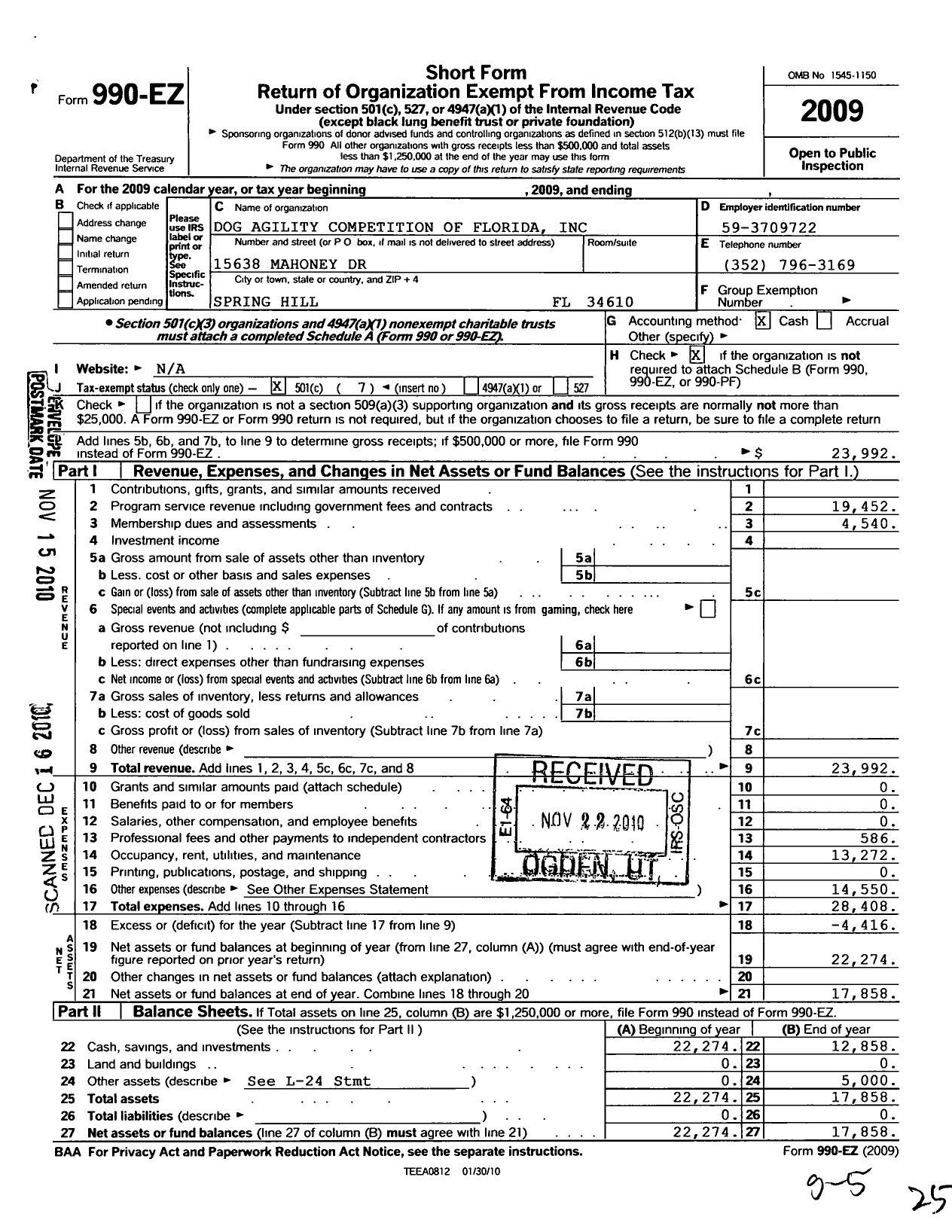 Image of first page of 2009 Form 990EO for Dog Agility Competition of Florida