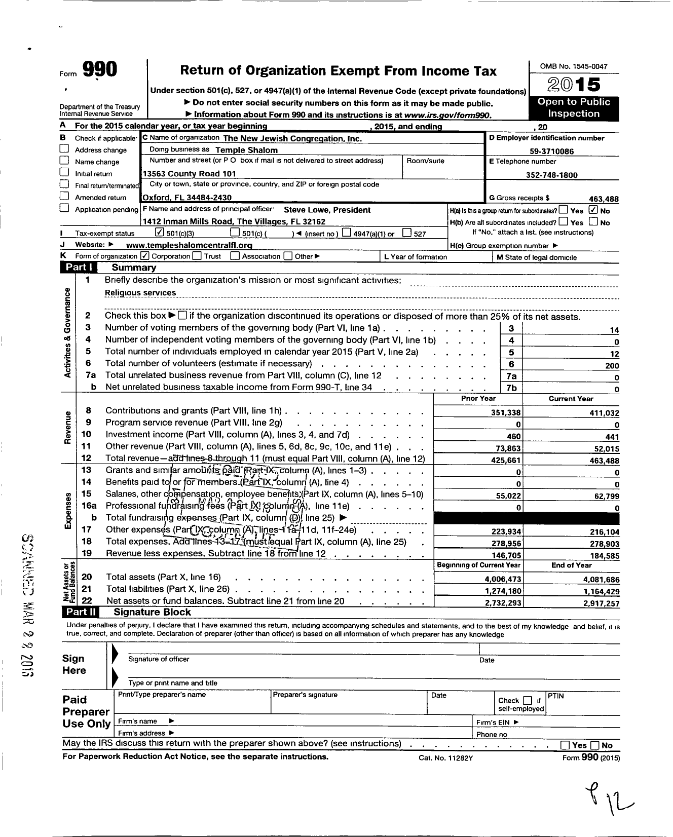 Image of first page of 2015 Form 990 for New Jewish Congregation