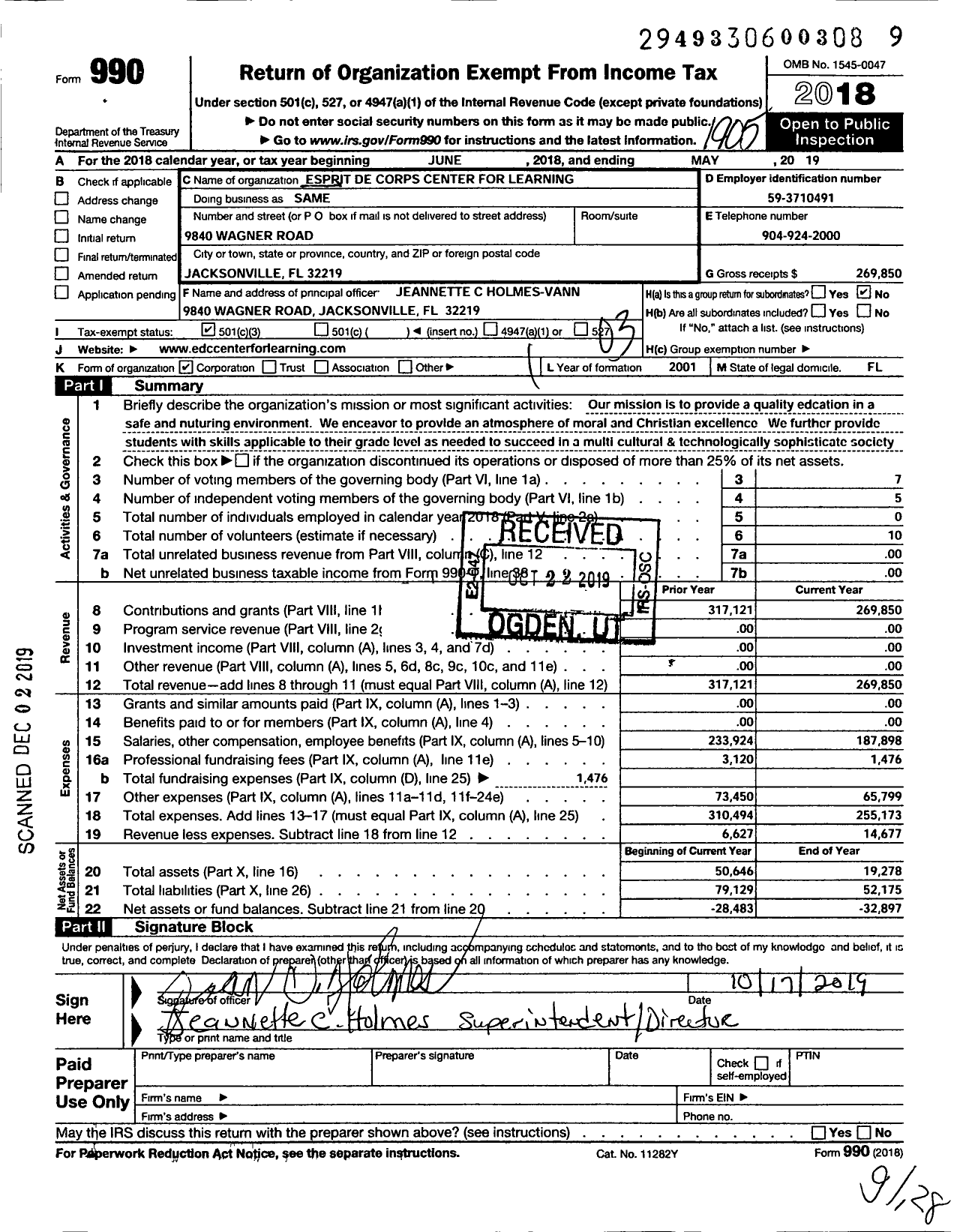 Image of first page of 2018 Form 990 for Esprit de Corps Center for Learning