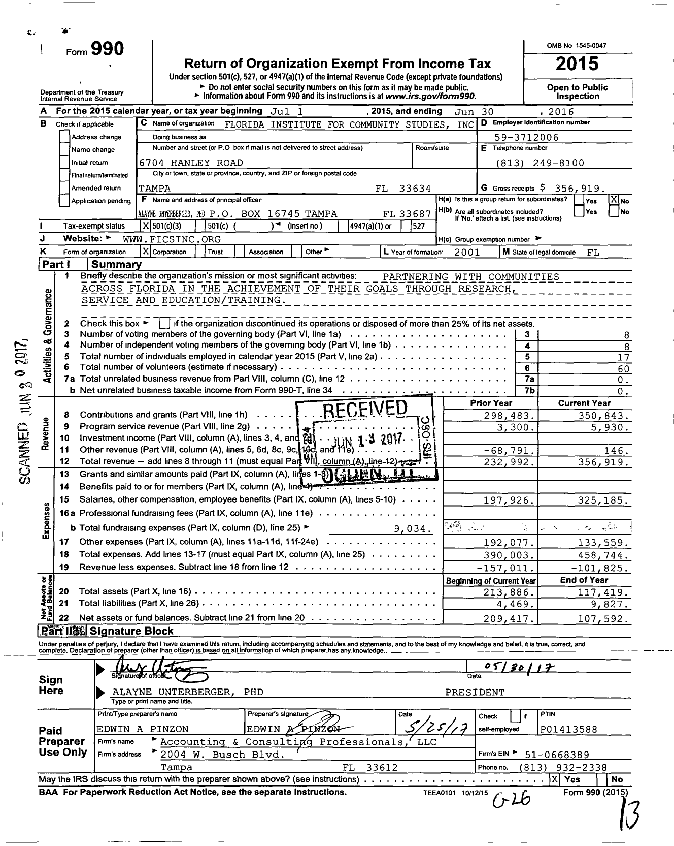 Image of first page of 2015 Form 990 for Florida Institute For Community Studies