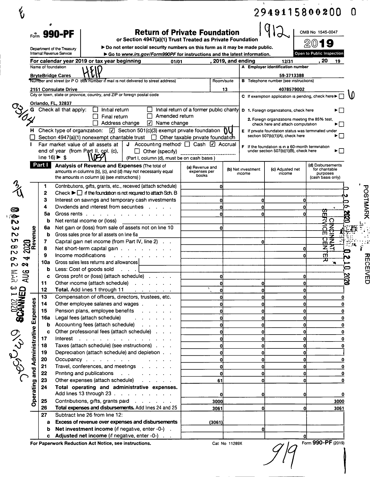 Image of first page of 2019 Form 990PR for Brytebridge Cares