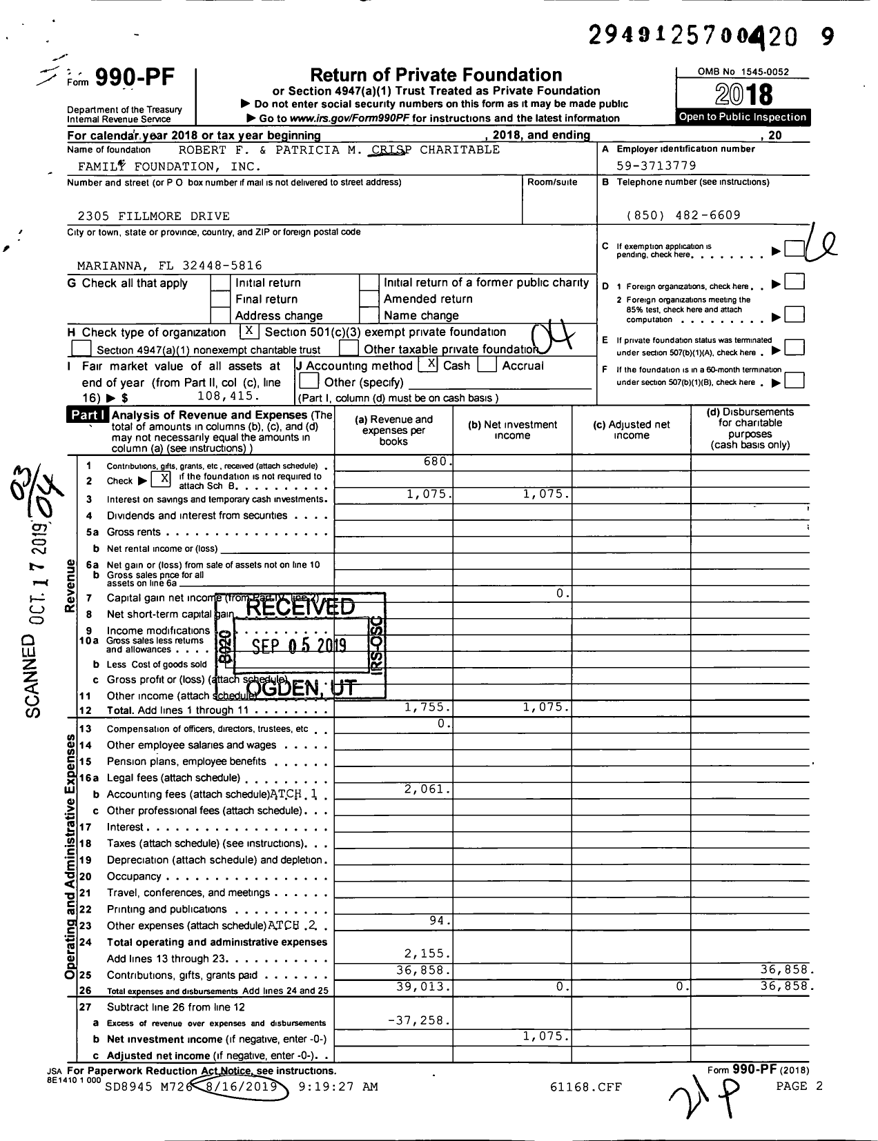 Image of first page of 2018 Form 990PF for Robert F and Patricia M Crisp Charitable Family Foundation