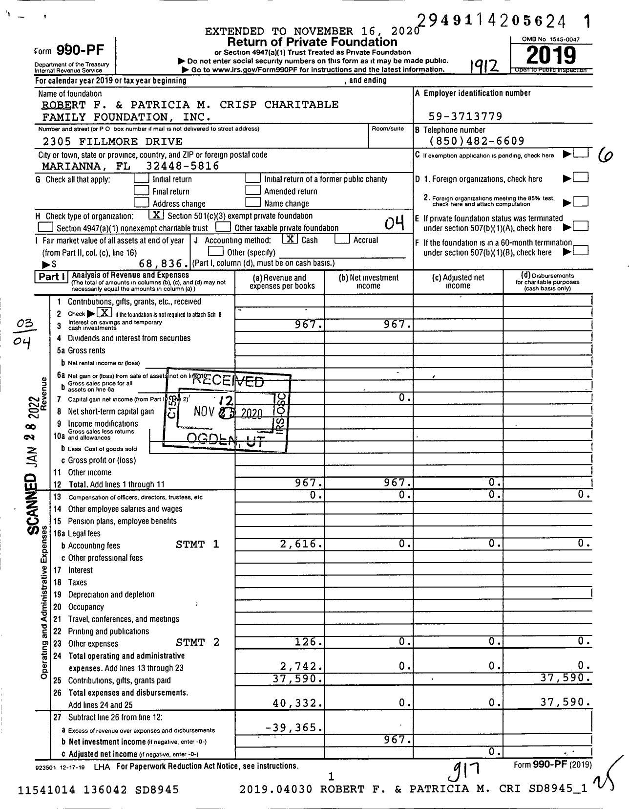 Image of first page of 2019 Form 990PF for Robert F and Patricia M Crisp Charitable Family Foundation