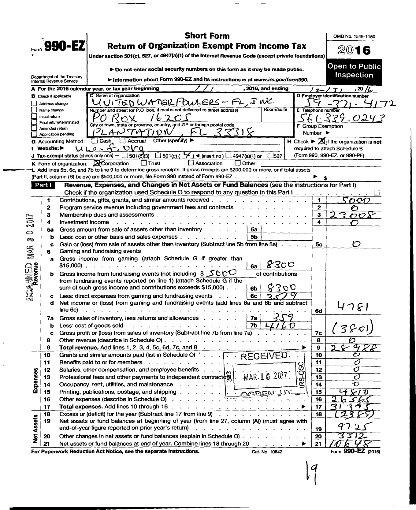 Image of first page of 2016 Form 990EO for United Waterfowlers FL