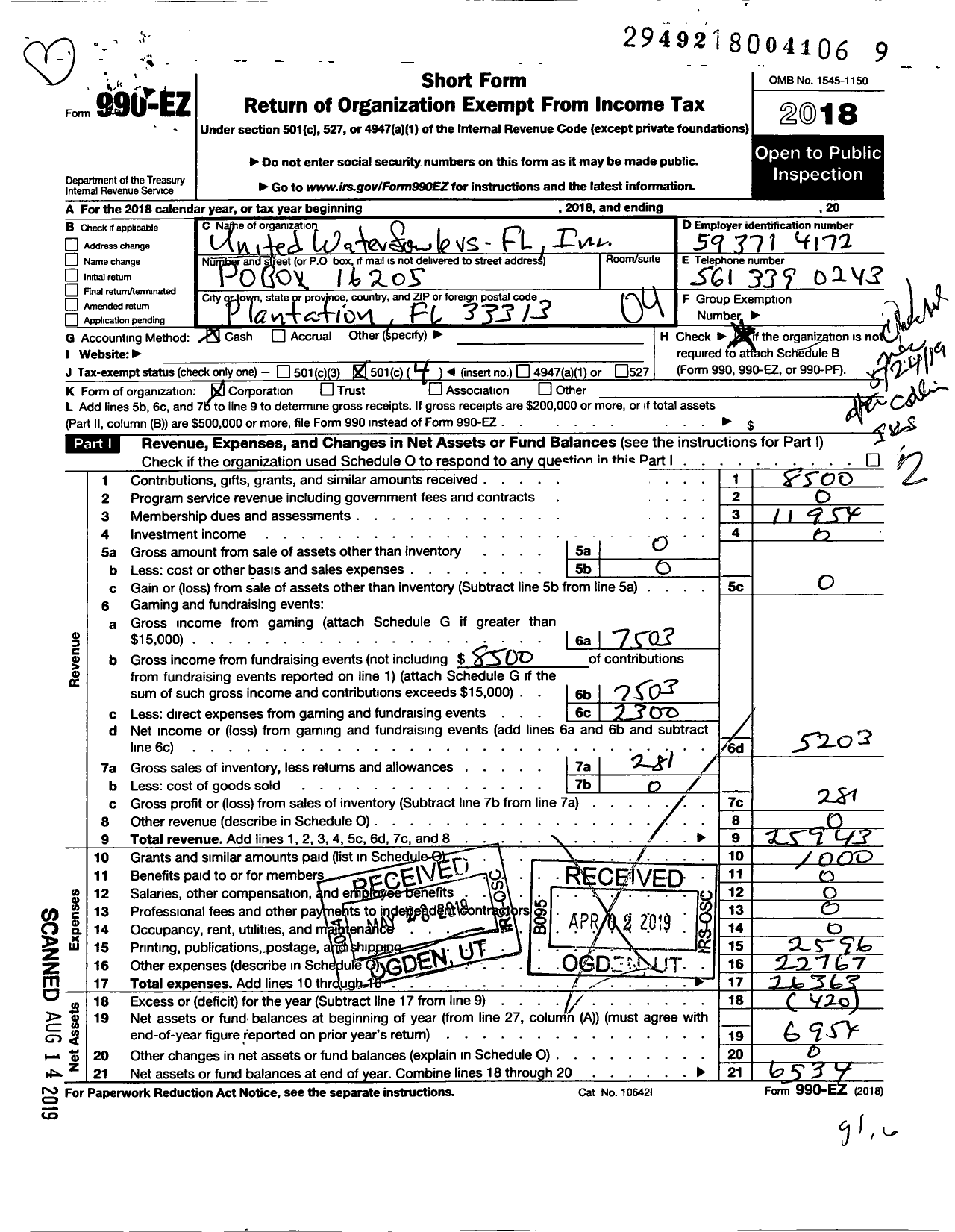 Image of first page of 2018 Form 990EO for United Waterfowlers FL