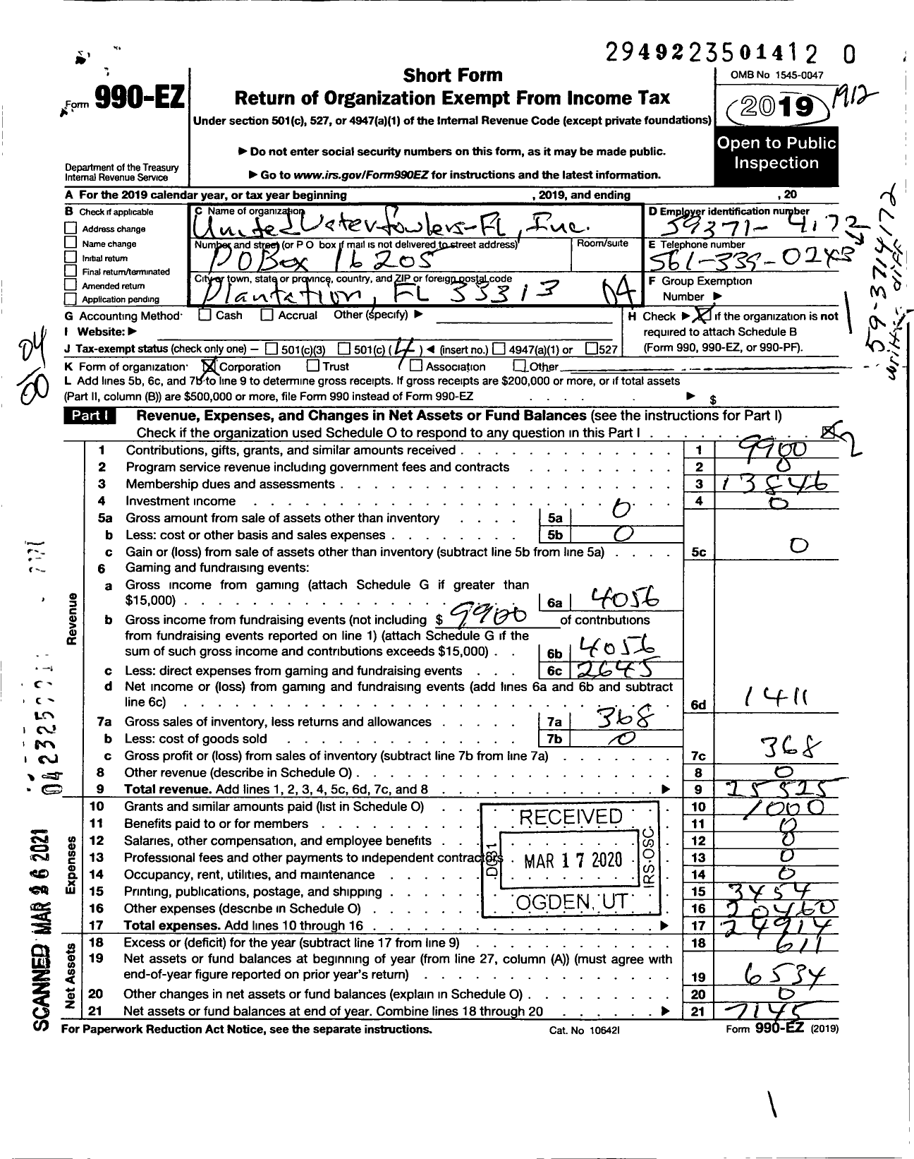 Image of first page of 2019 Form 990EO for United Waterfowlers FL