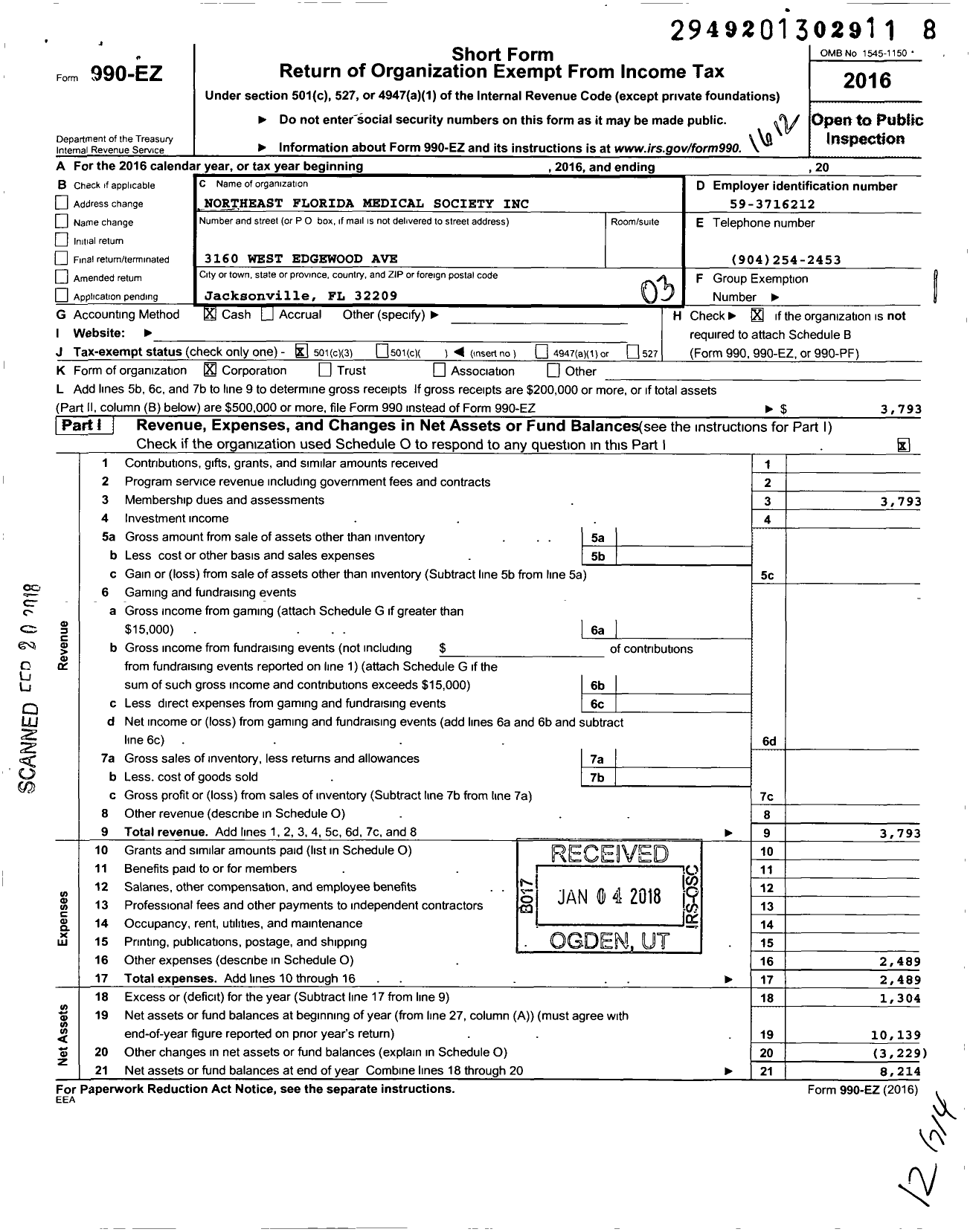 Image of first page of 2016 Form 990EZ for Northeast Florida Medical Society