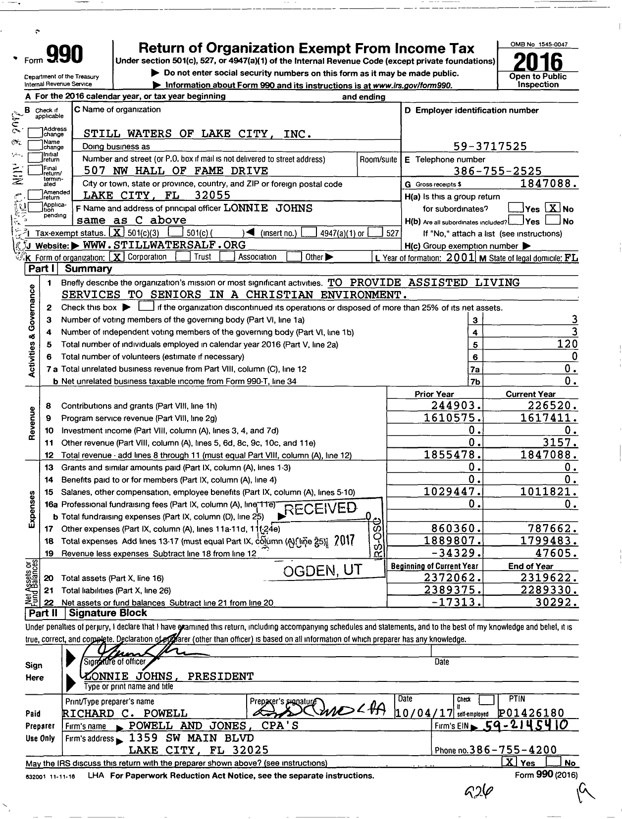 Image of first page of 2016 Form 990 for Still Waters of Lake City