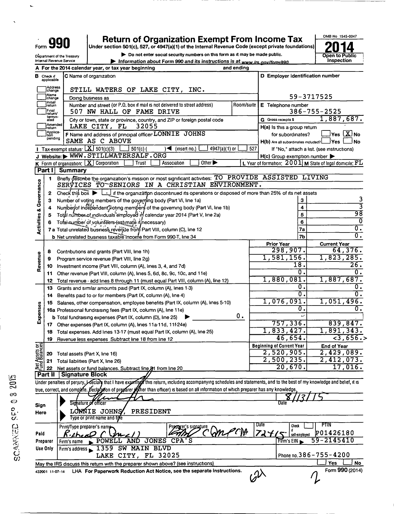 Image of first page of 2014 Form 990 for Still Waters of Lake City
