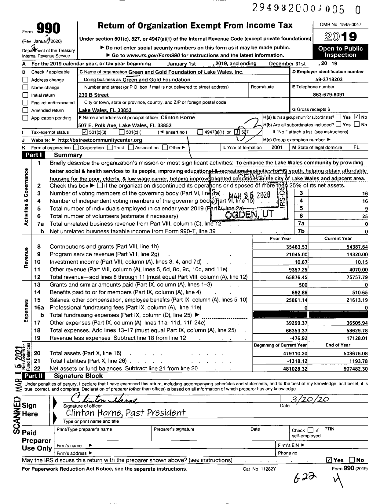 Image of first page of 2019 Form 990 for Green and Gold Foundation of Lake Wales