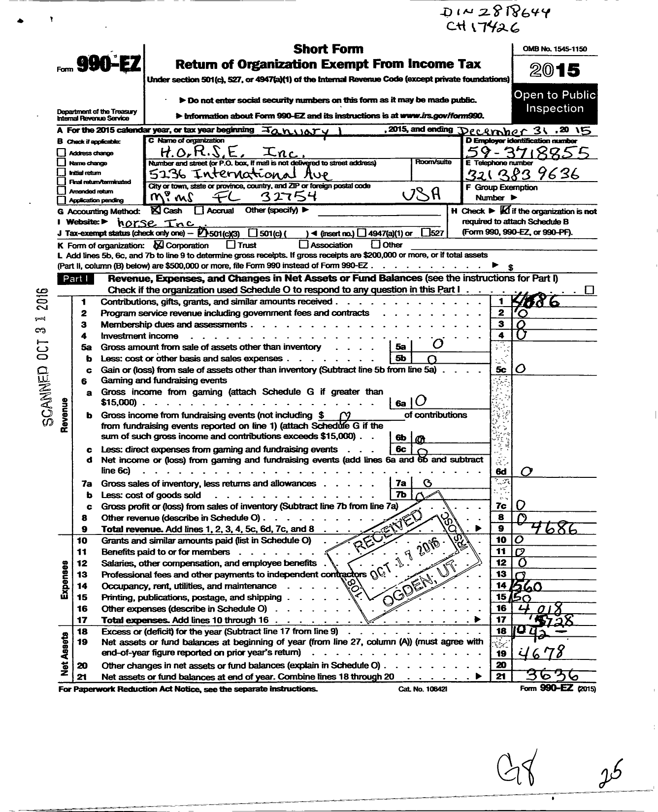 Image of first page of 2015 Form 990EZ for H O R S E