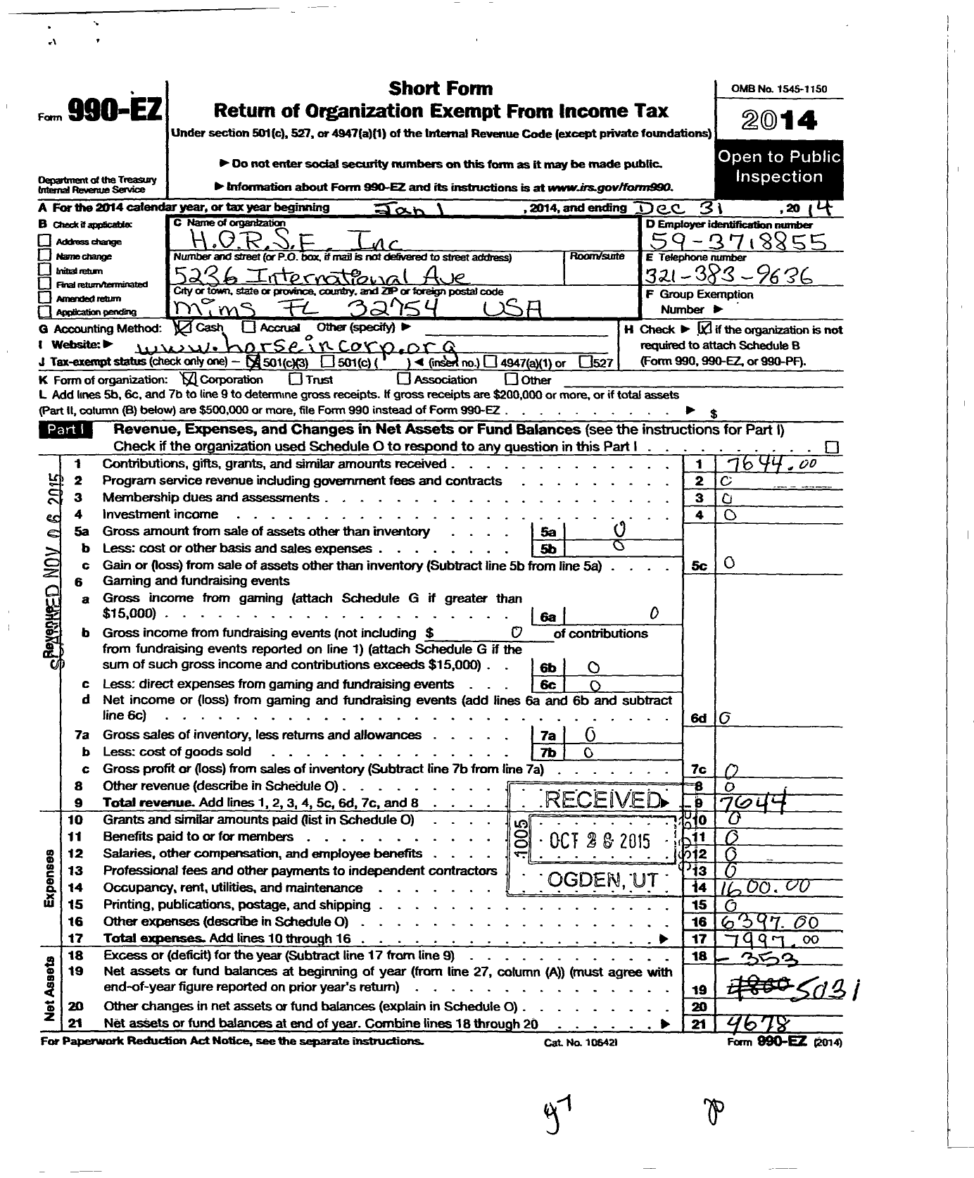 Image of first page of 2014 Form 990EZ for H O R S E