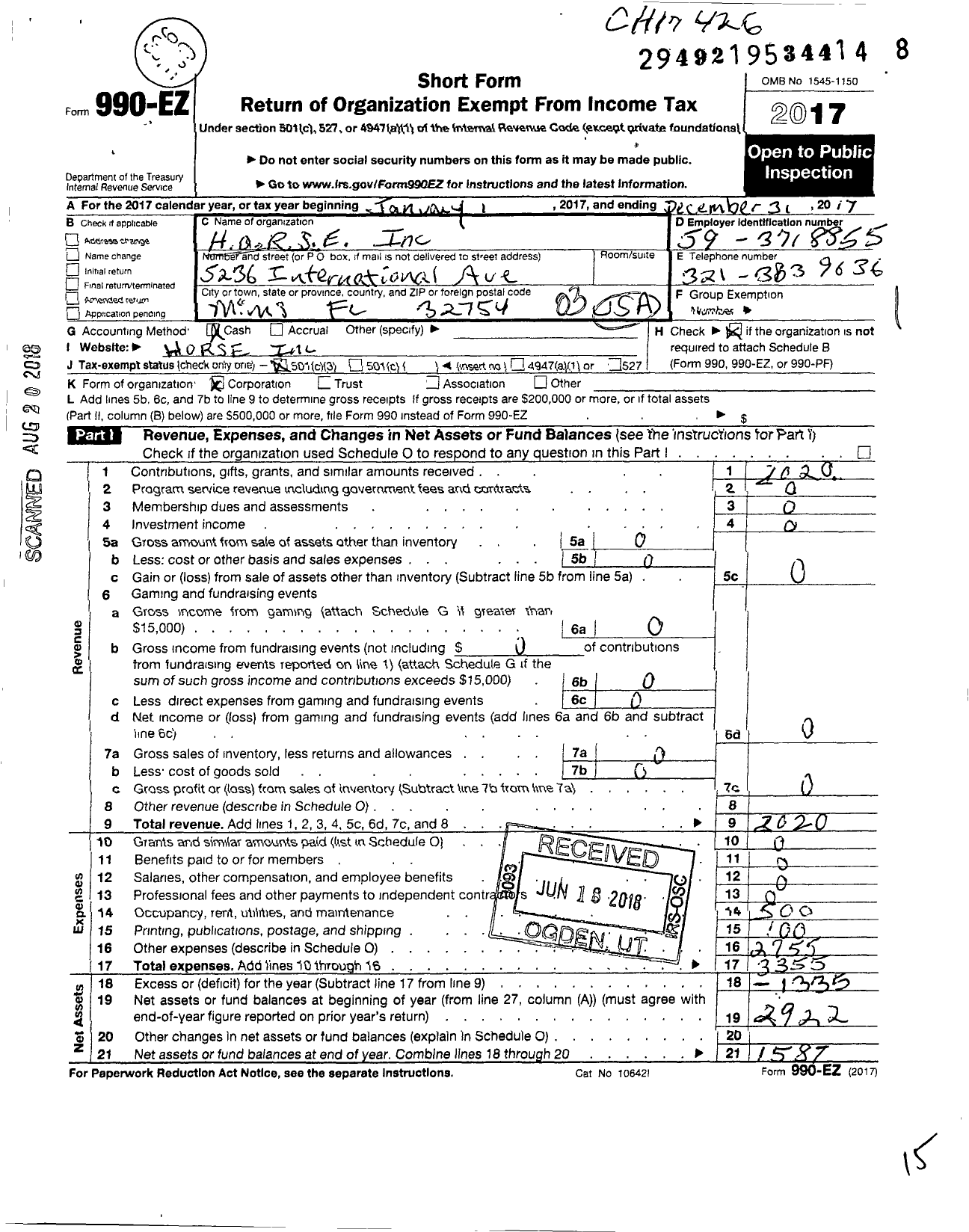 Image of first page of 2017 Form 990EZ for H O R S E