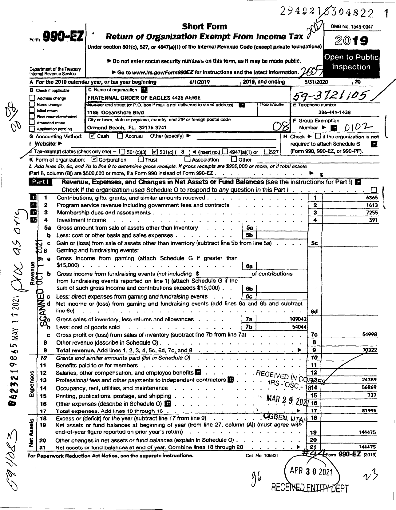 Image of first page of 2019 Form 990EO for Fraternal Order of Eagles - 4435 Aerie