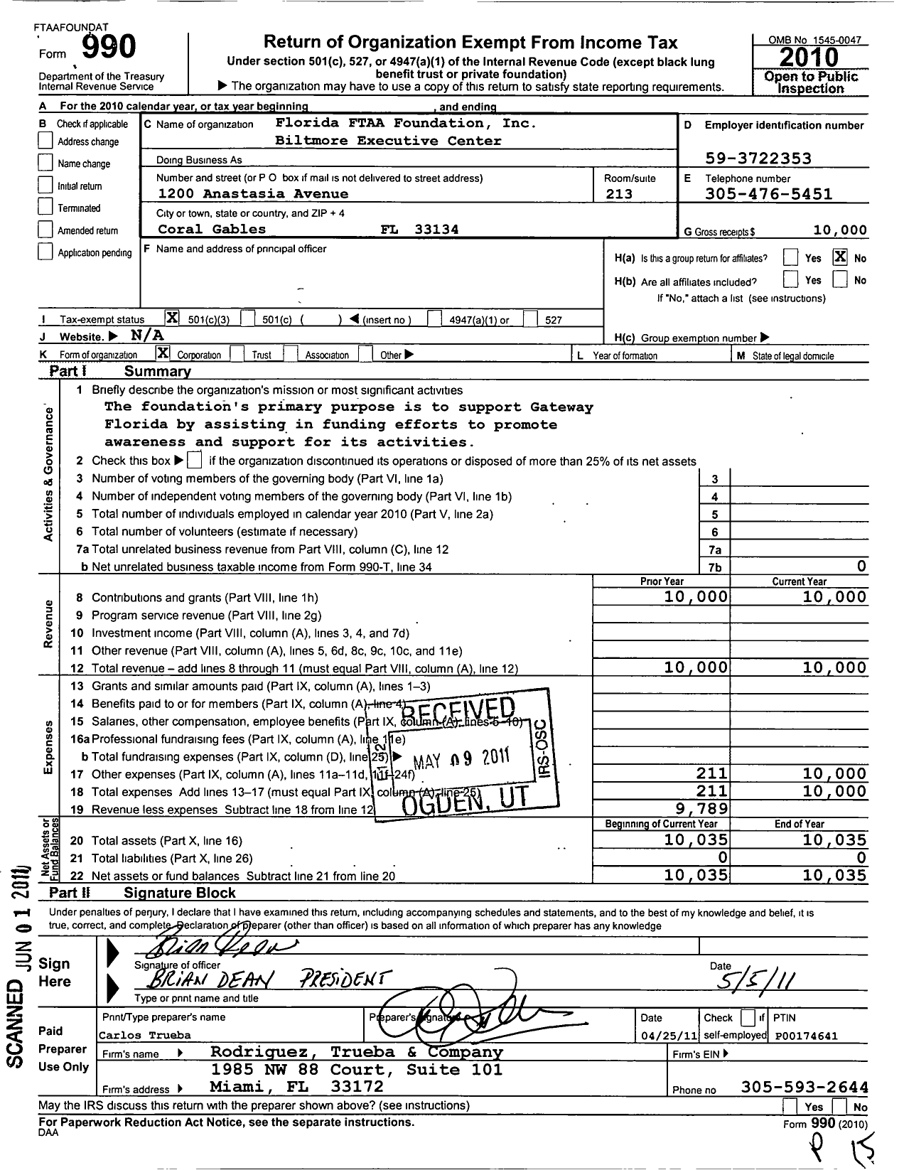 Image of first page of 2010 Form 990 for Florida Ftaa Foundation