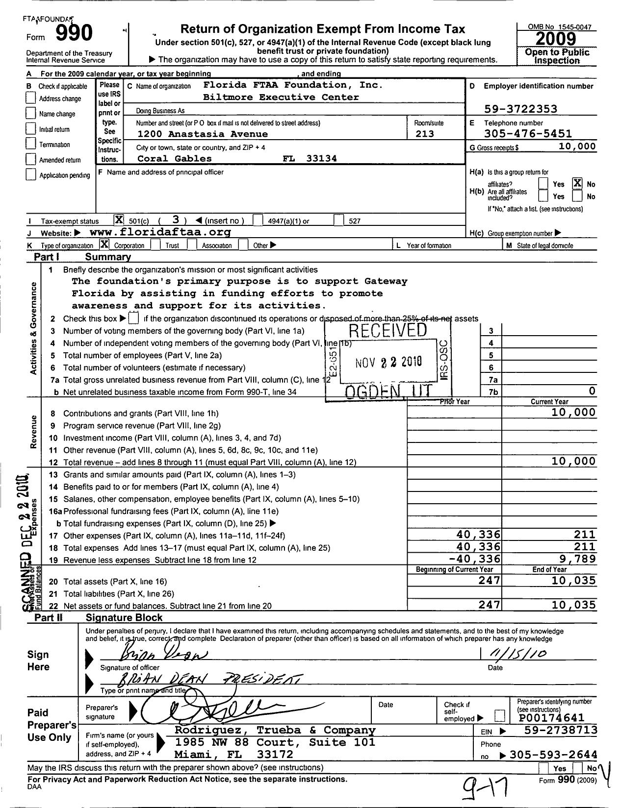 Image of first page of 2009 Form 990 for Florida Ftaa Foundation