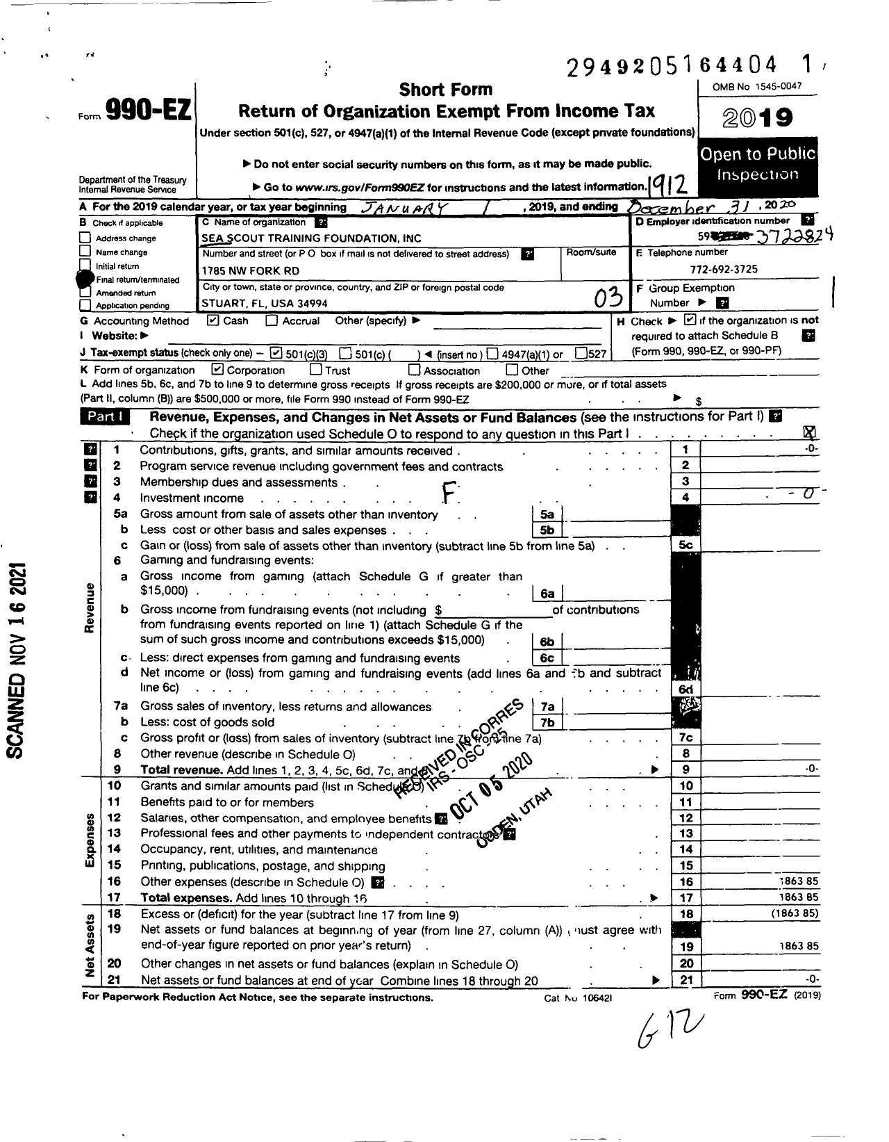 Image of first page of 2019 Form 990EZ for Sea Scout Training Foundation