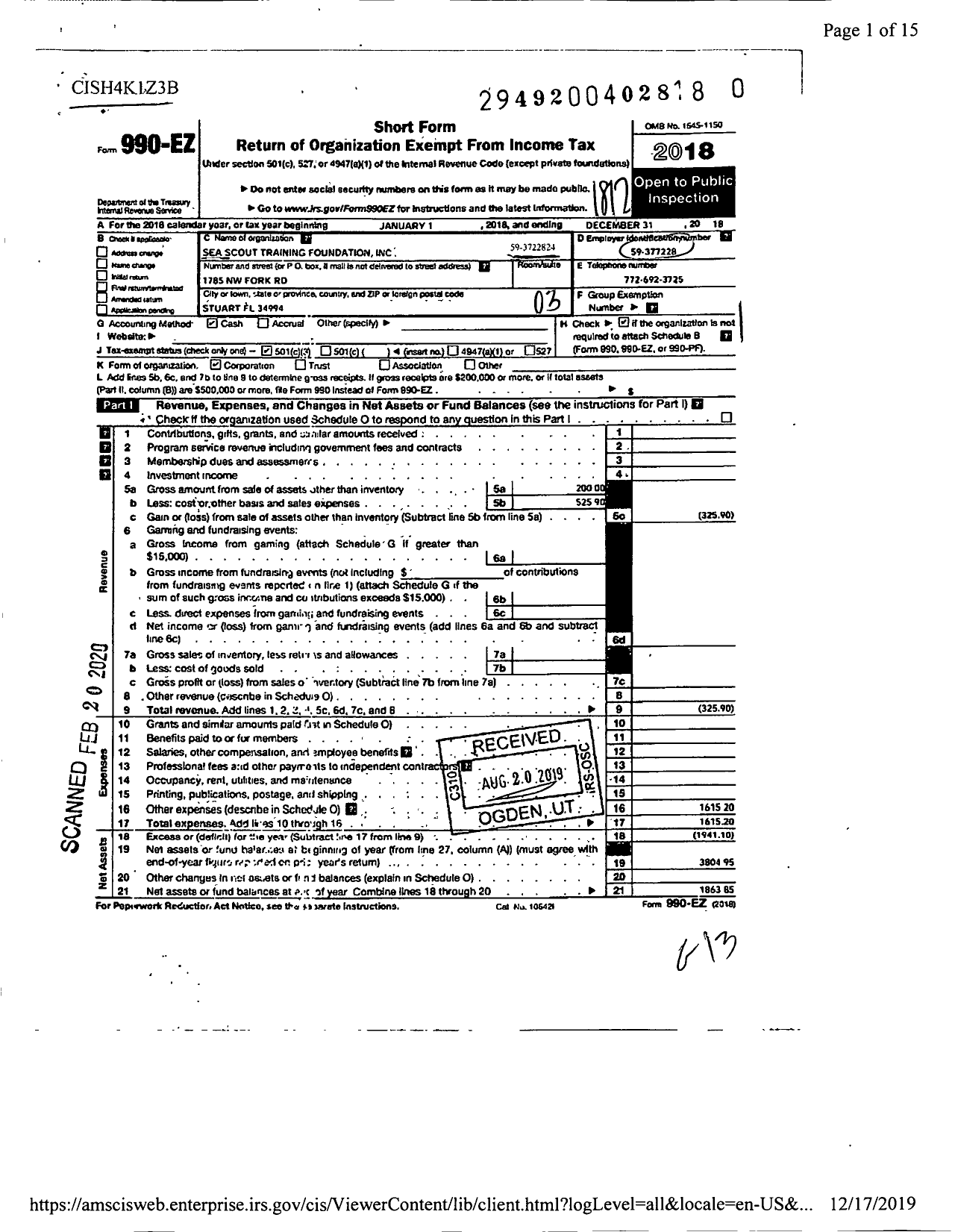 Image of first page of 2018 Form 990EZ for Sea Scout Training Foundation