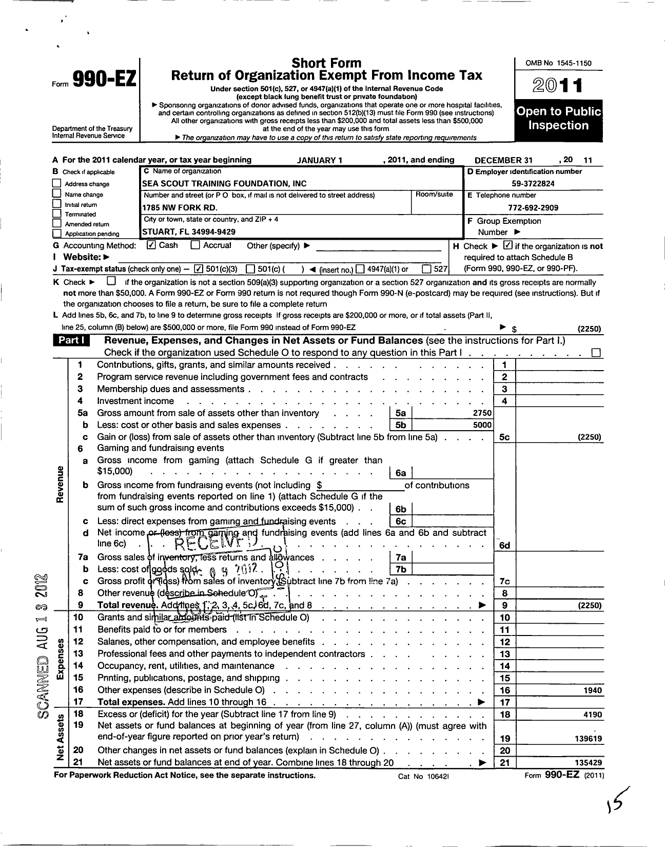 Image of first page of 2011 Form 990EZ for Sea Scout Training Foundation