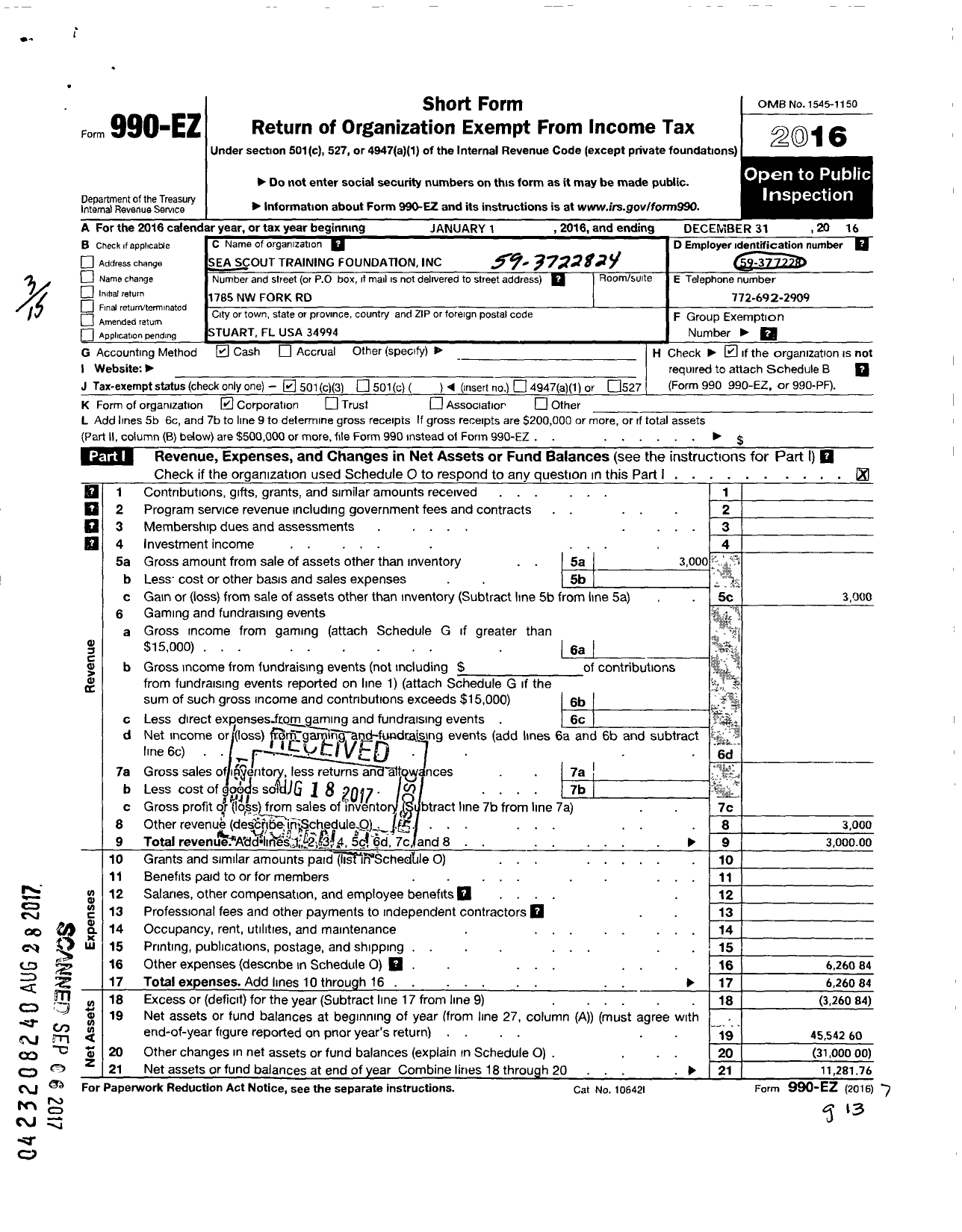 Image of first page of 2016 Form 990EZ for Sea Scout Training Foundation