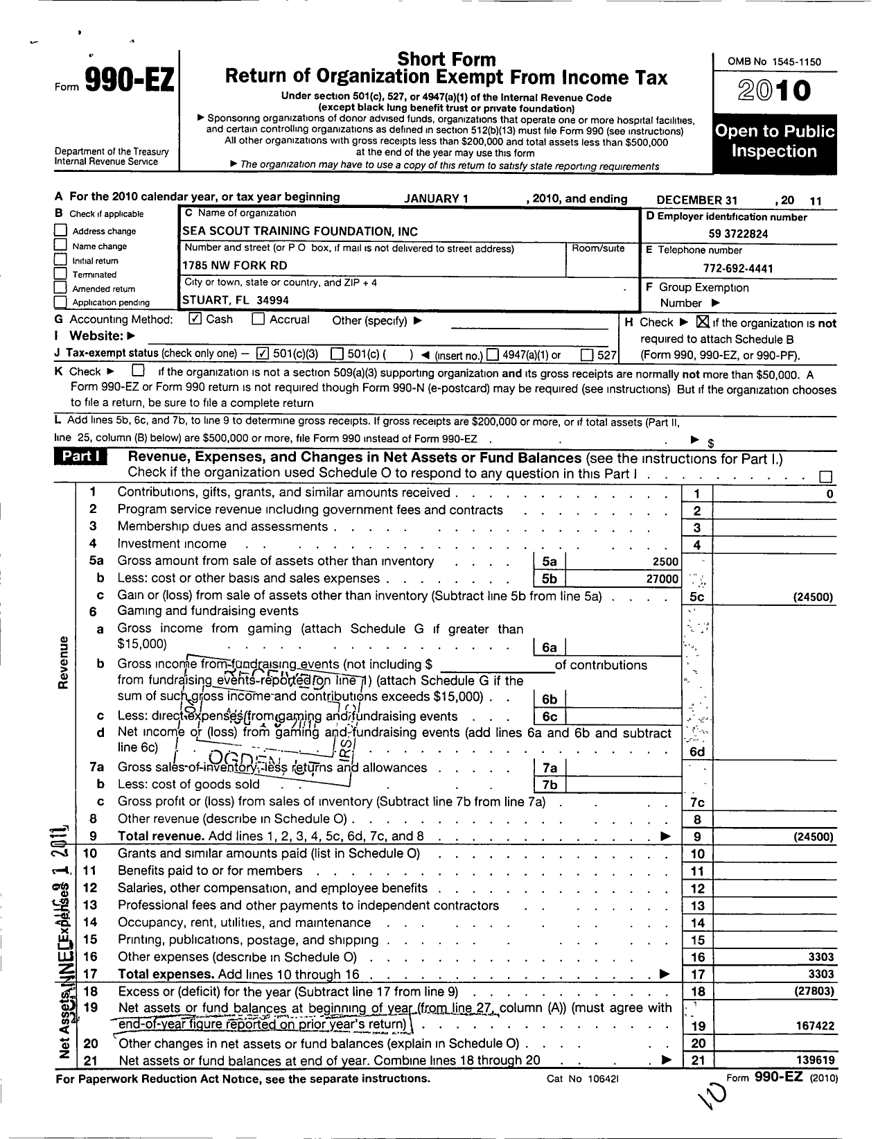 Image of first page of 2011 Form 990EZ for Sea Scout Training Foundation