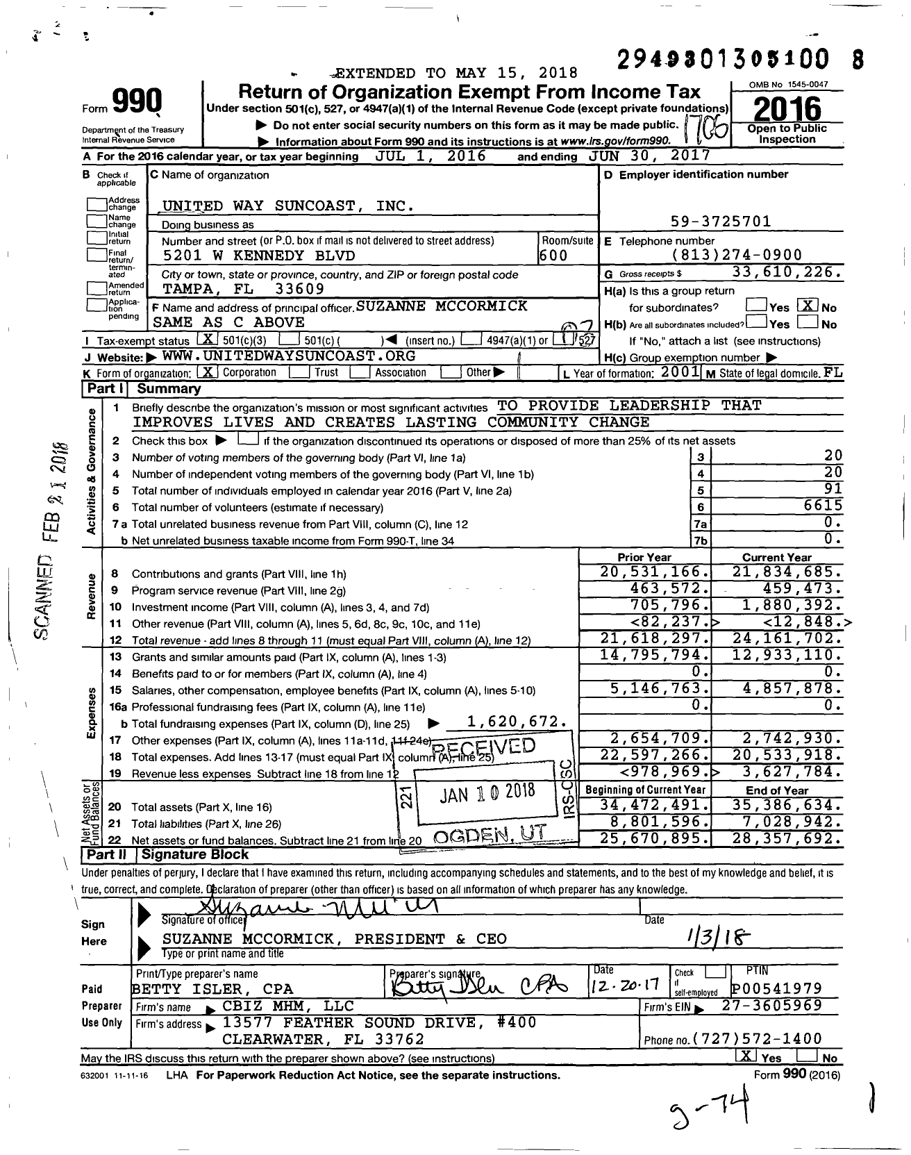 Image of first page of 2016 Form 990 for United Way Suncoast