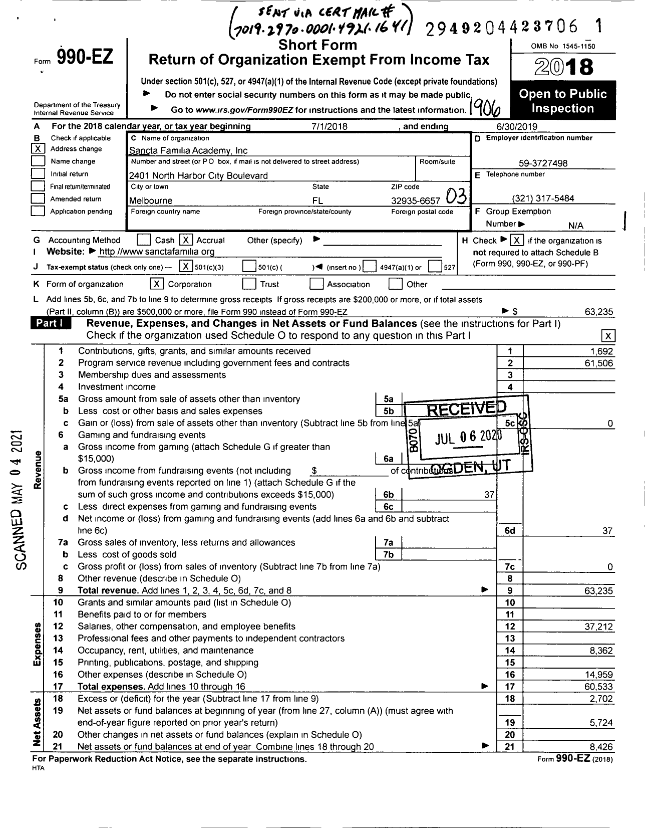 Image of first page of 2018 Form 990EZ for Sancta Familia Academy