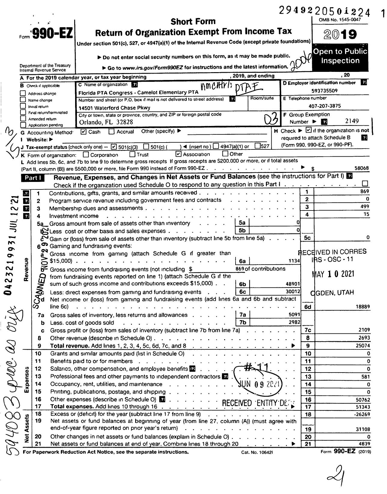 Image of first page of 2019 Form 990EZ for PTA FLORIDA CONGRESS - Camelot PTA