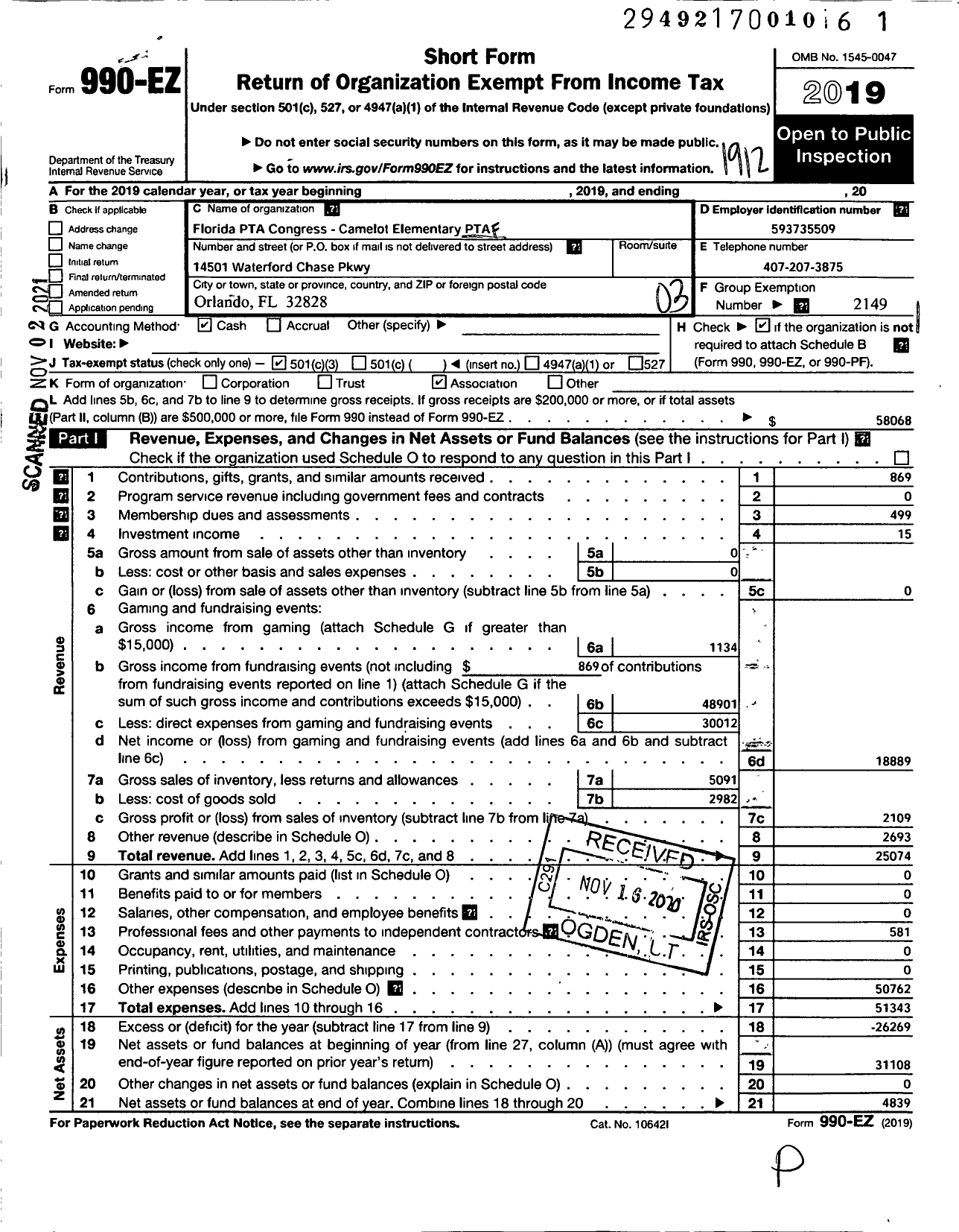 Image of first page of 2019 Form 990EZ for PTA FLORIDA CONGRESS - Camelot PTA