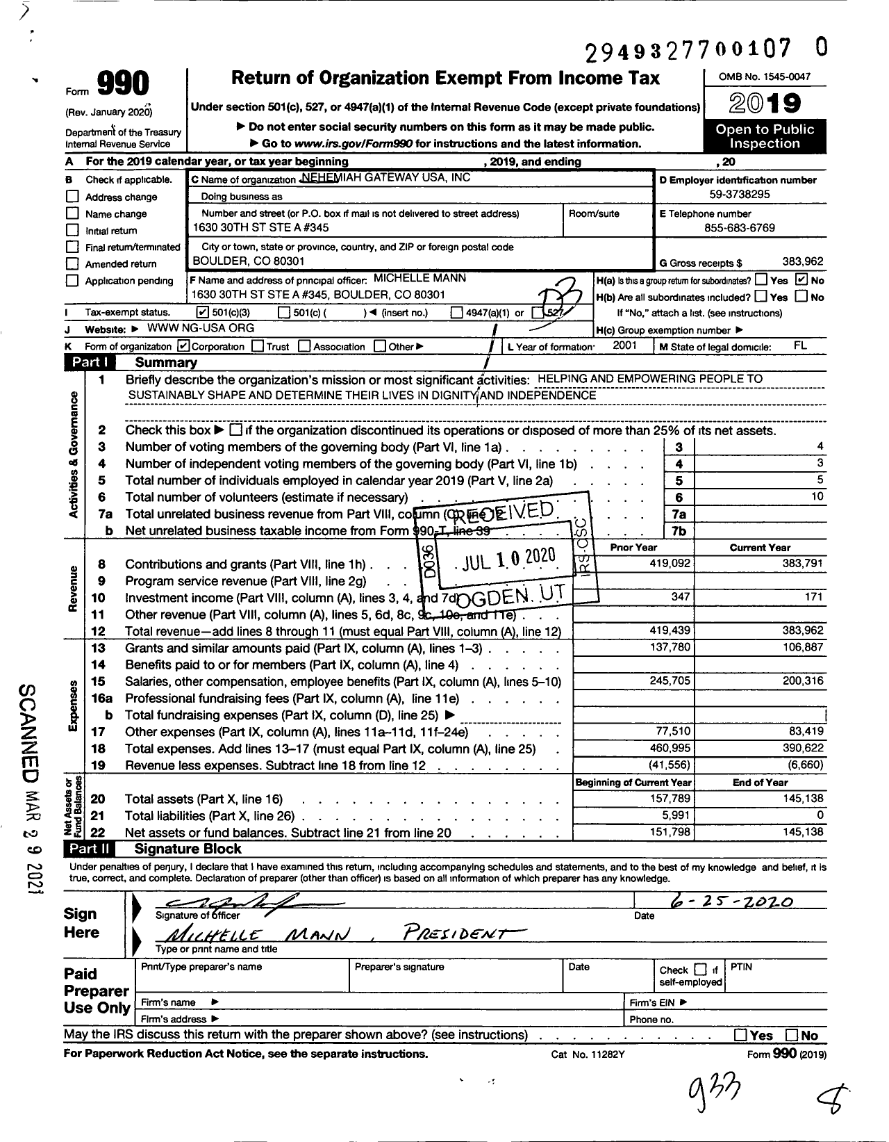 Image of first page of 2019 Form 990 for Nehemiah Gateway USA