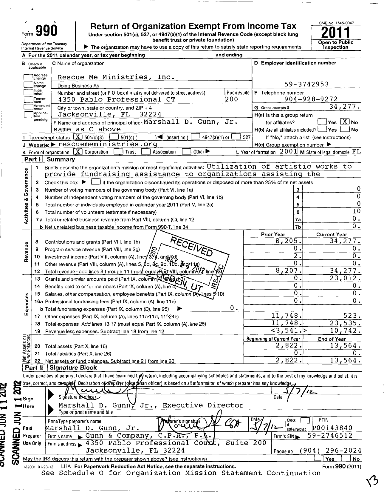 Image of first page of 2011 Form 990 for Rescue Me Ministries