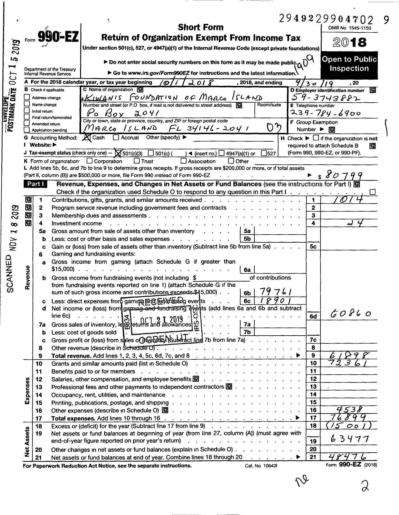 Image of first page of 2018 Form 990EZ for Marco Island Kiwanis Foundation