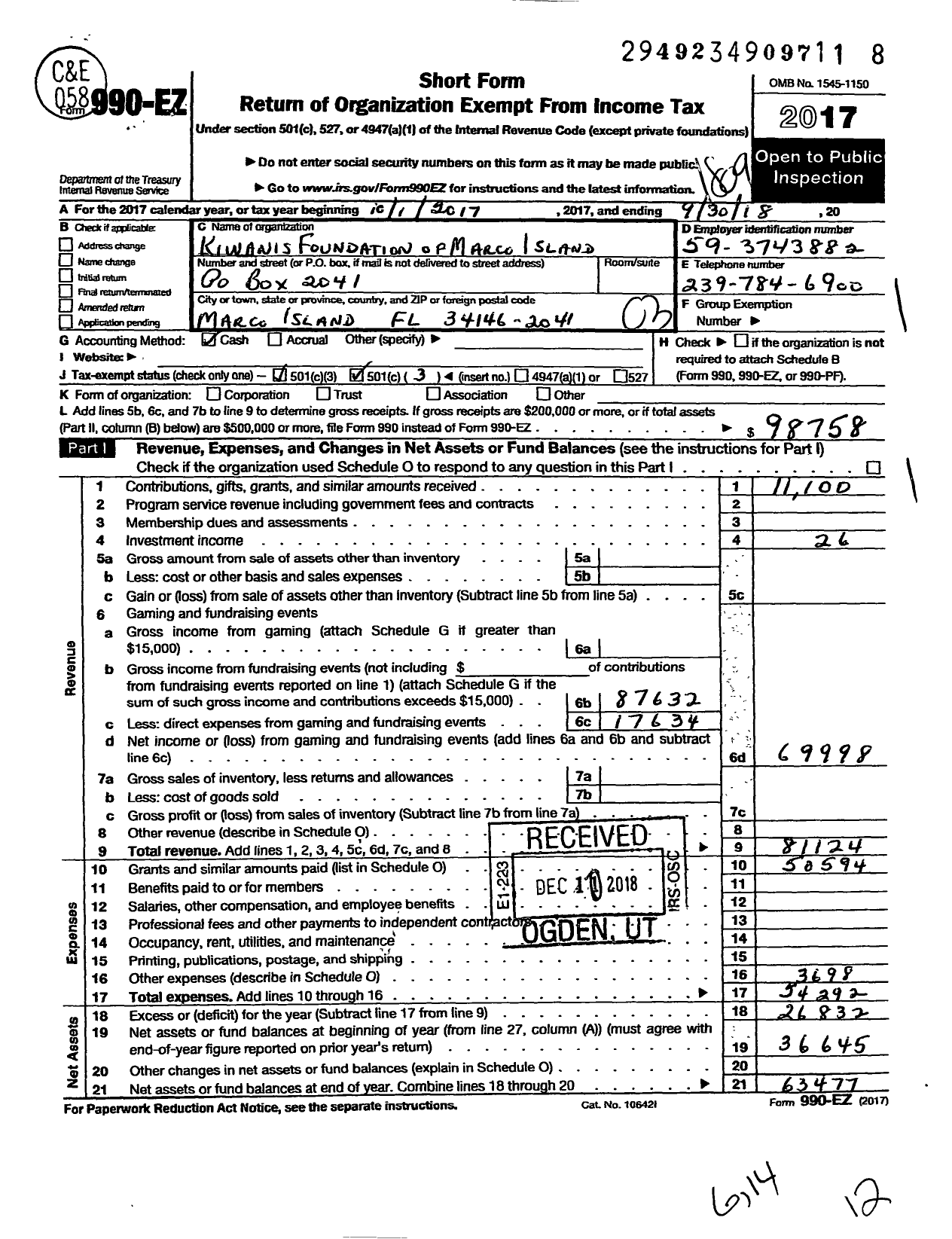 Image of first page of 2017 Form 990EZ for Marco Island Kiwanis Foundation