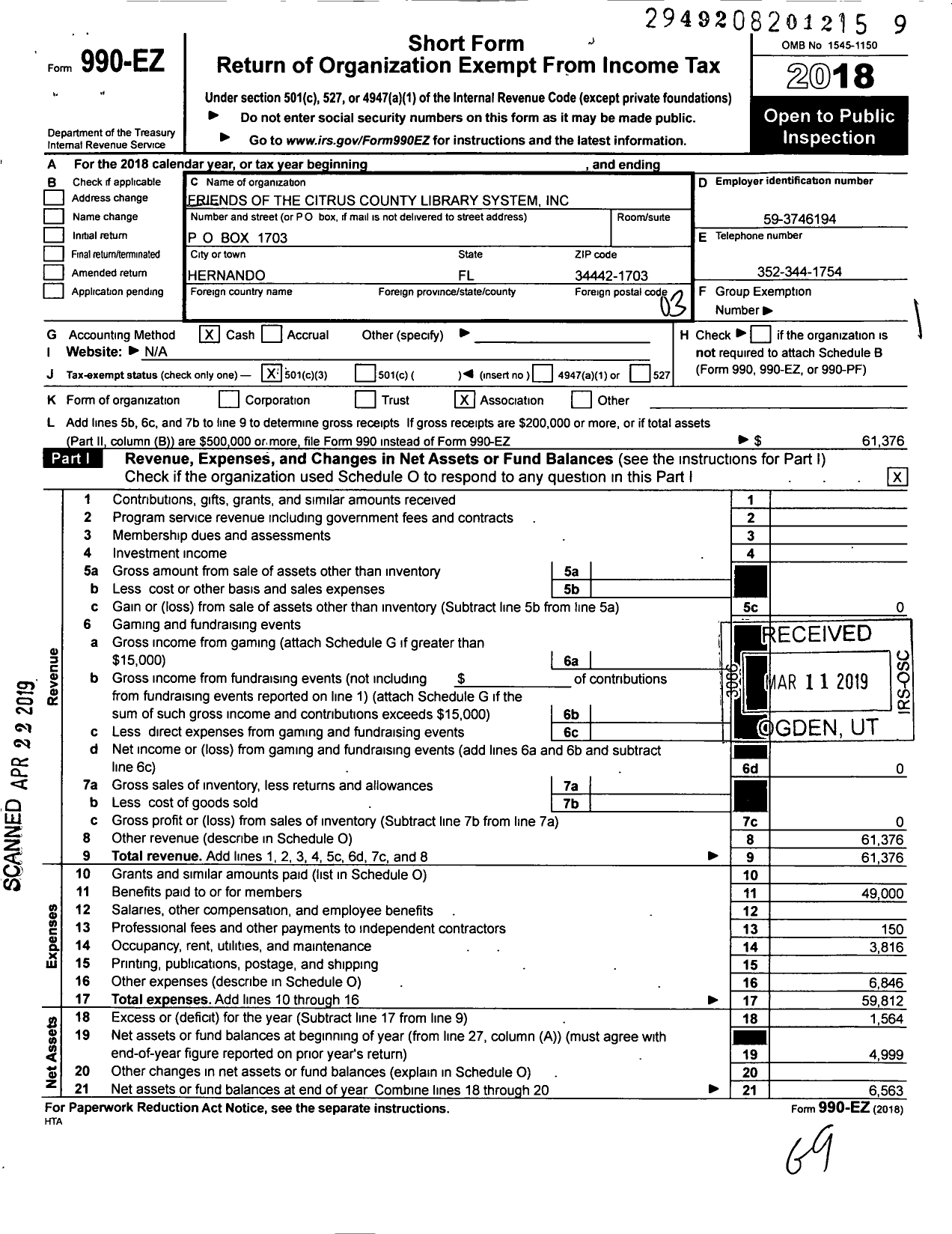 Image of first page of 2018 Form 990EZ for Friends of the Citrus County Library System