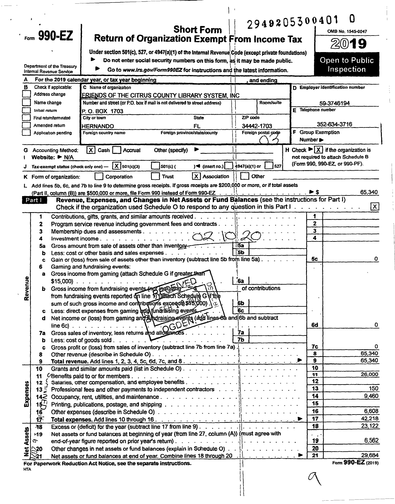 Image of first page of 2019 Form 990EZ for Friends of the Citrus County Library System