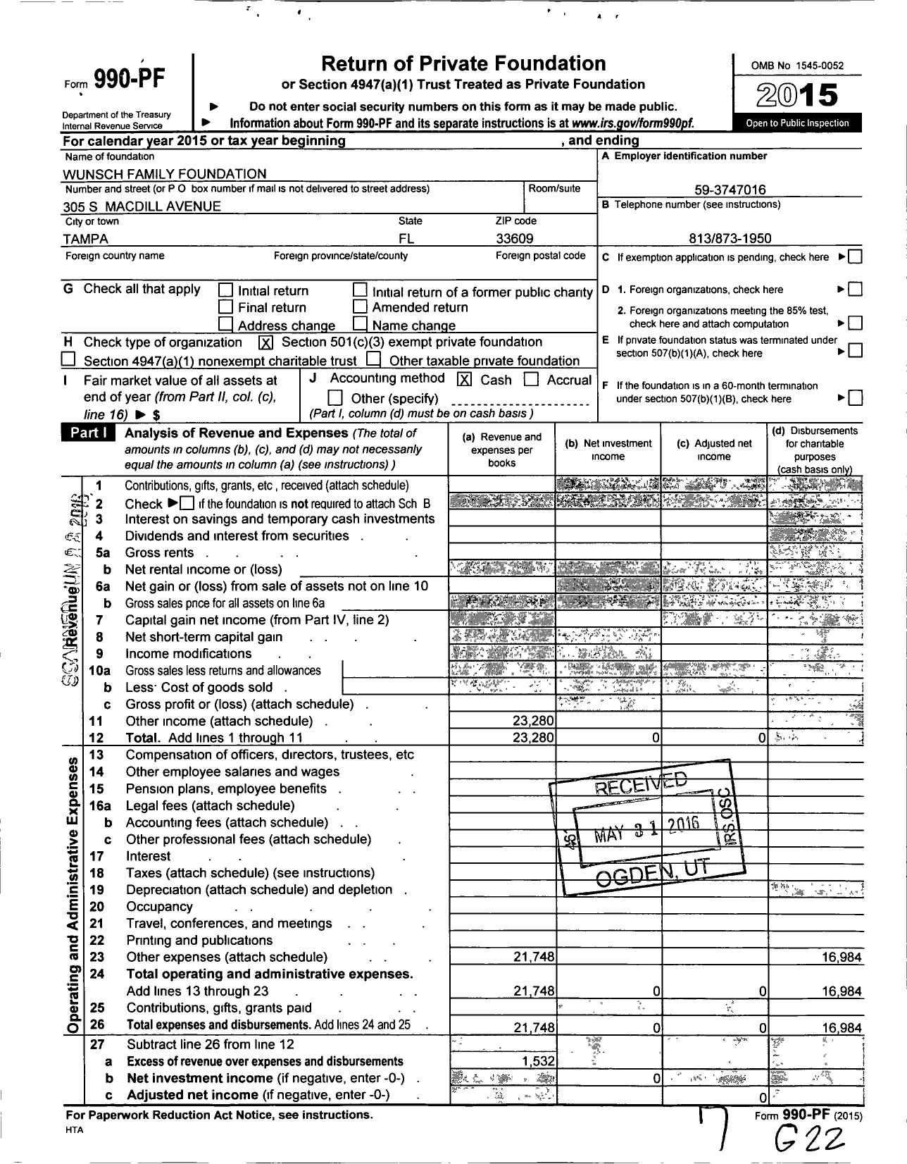 Image of first page of 2015 Form 990PF for Wunsch Family Foundation