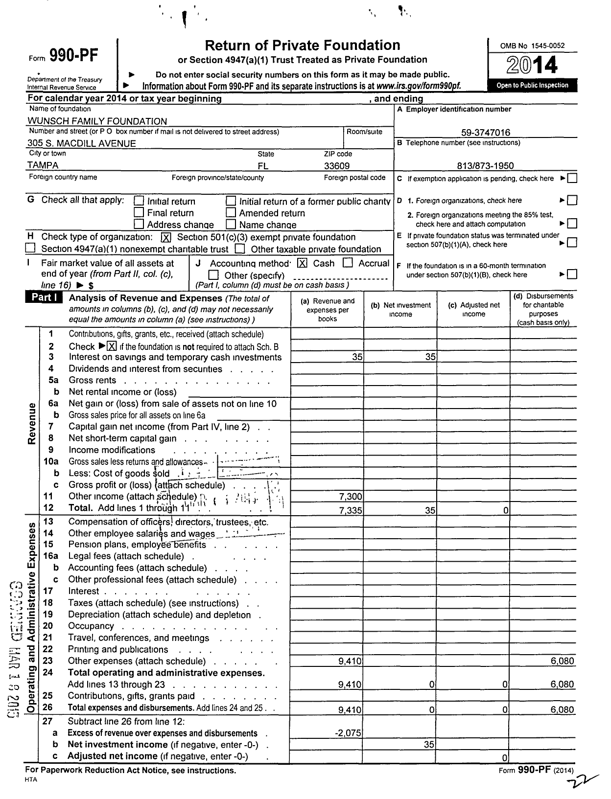 Image of first page of 2014 Form 990PF for Wunsch Family Foundation