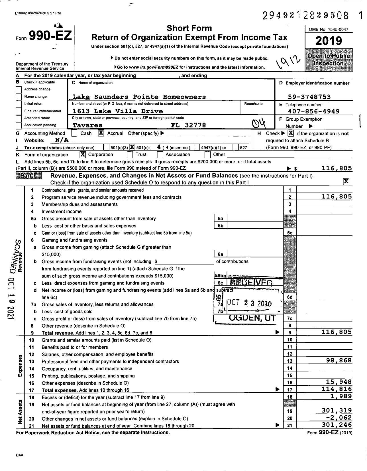 Image of first page of 2019 Form 990EO for Lake Saunders Pointe Homeowners Association