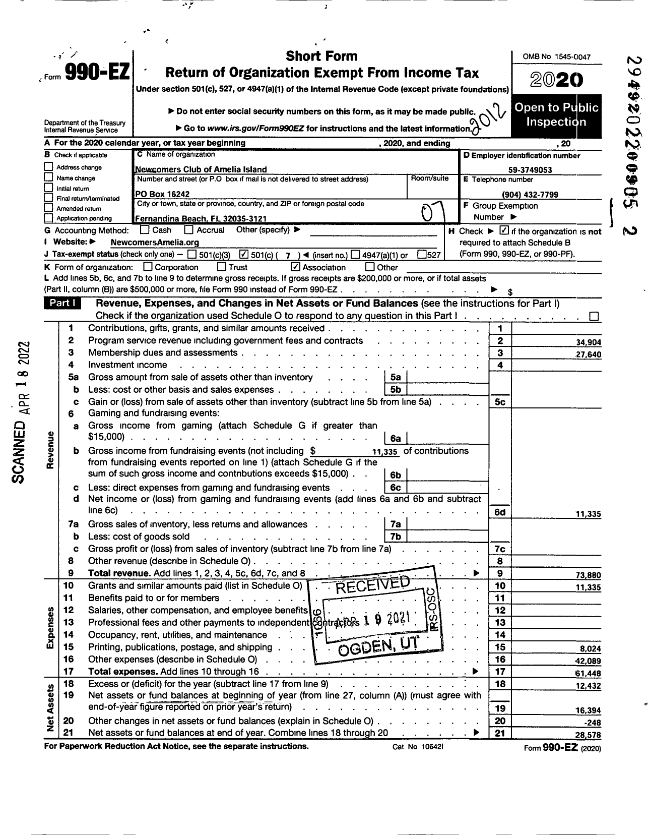 Image of first page of 2020 Form 990EO for Newcomers Club of Amelia Island