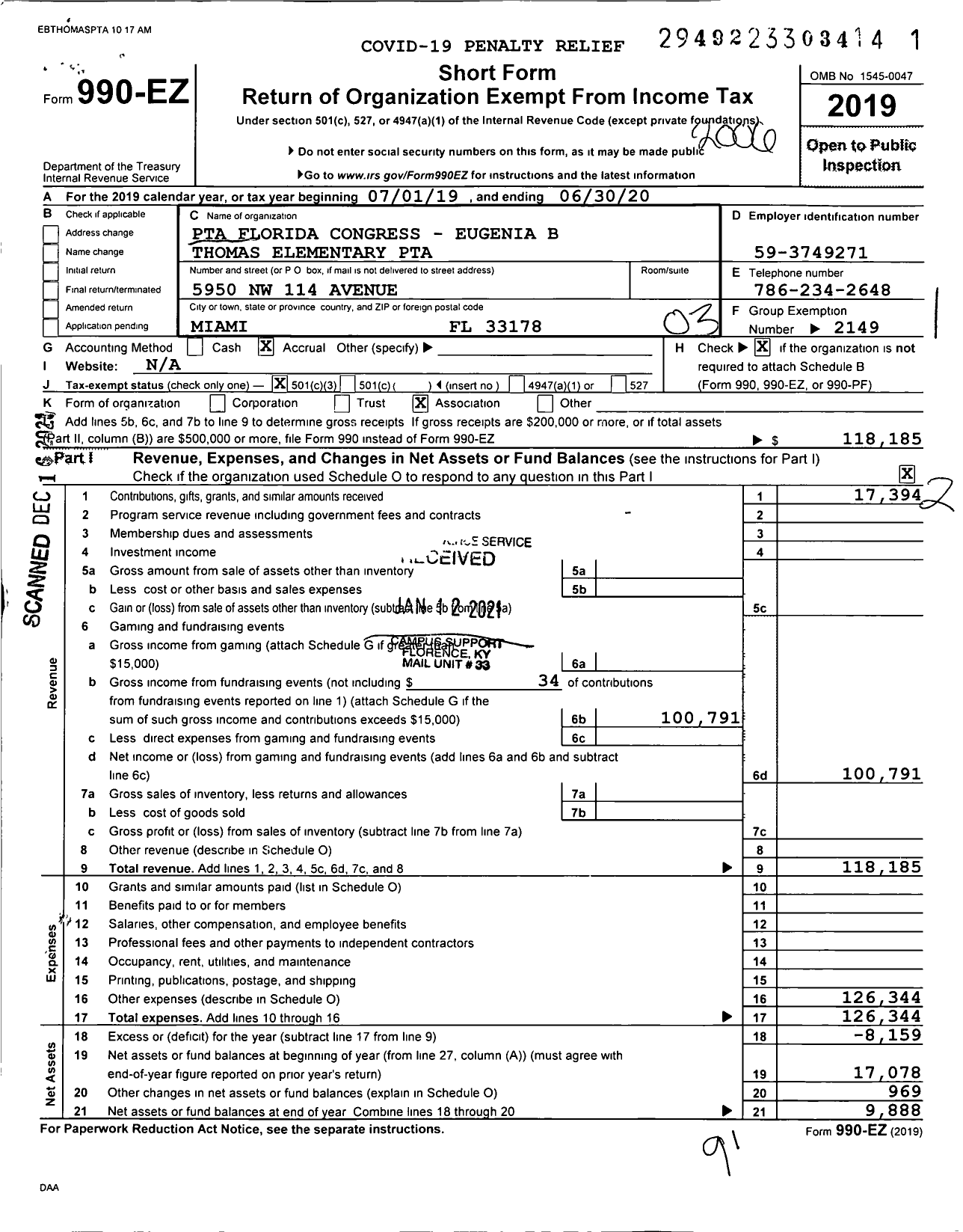 Image of first page of 2019 Form 990EZ for PTA Florida Congress - Eugenia B Thomas K8 Center Ptsa