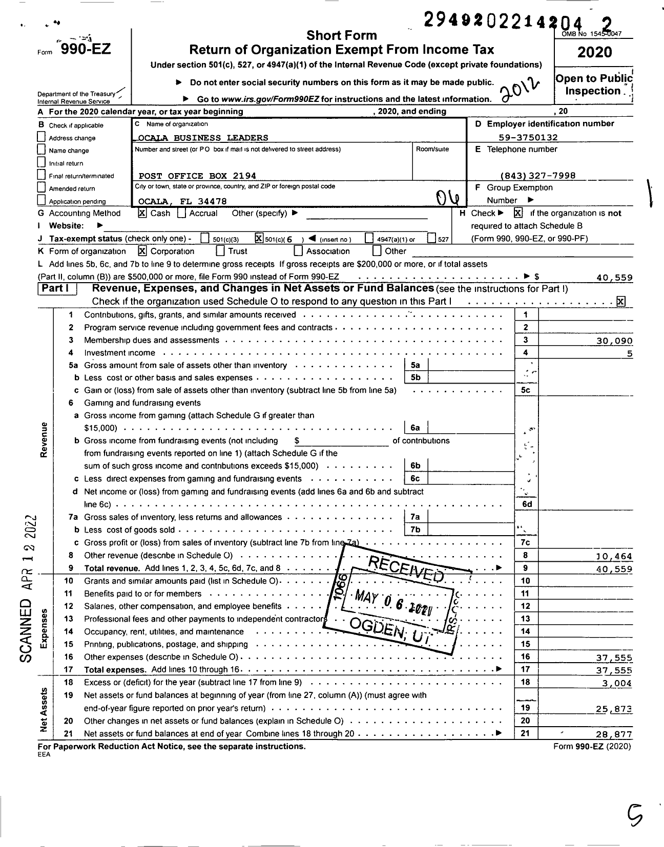 Image of first page of 2020 Form 990EO for Ocala Business Leaders