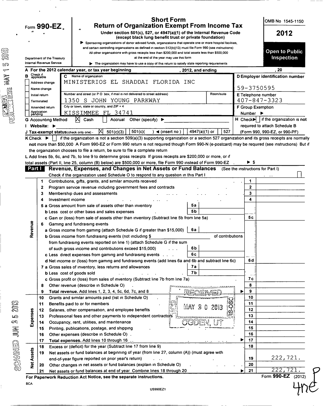 Image of first page of 2012 Form 990EZ for Ministerios El Shaddai Florida