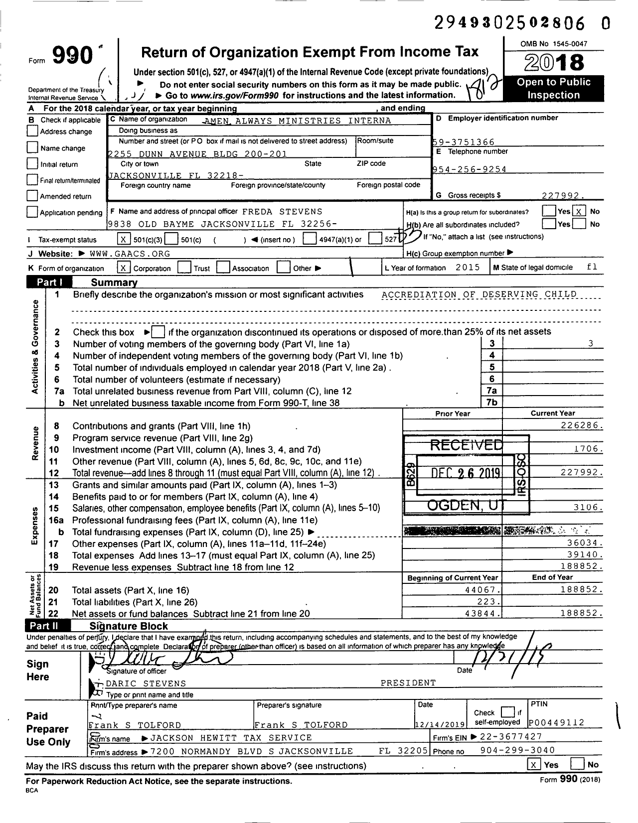 Image of first page of 2018 Form 990 for Prodigal S and D Corporation