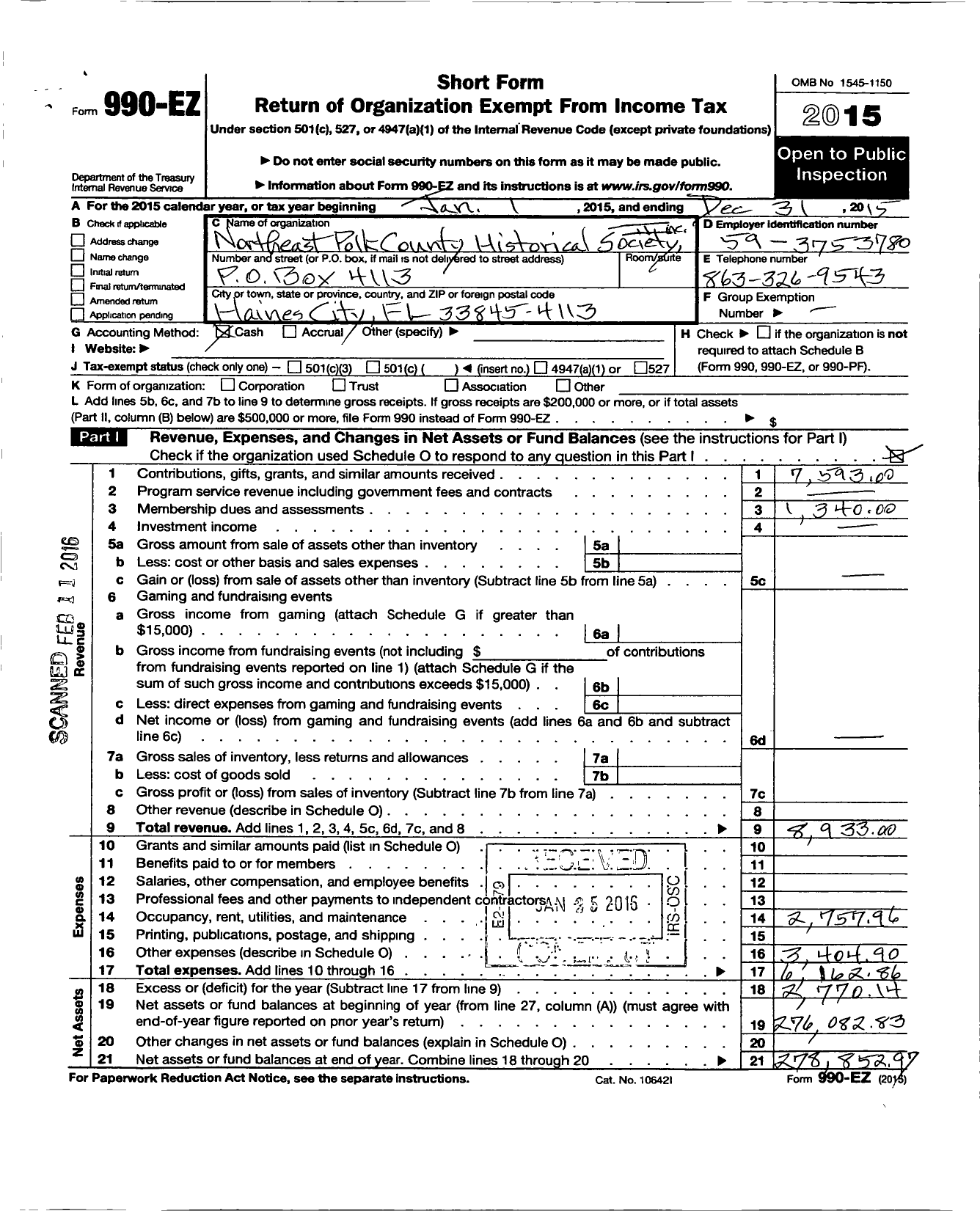 Image of first page of 2015 Form 990EO for Northeast Polk County Historical Society