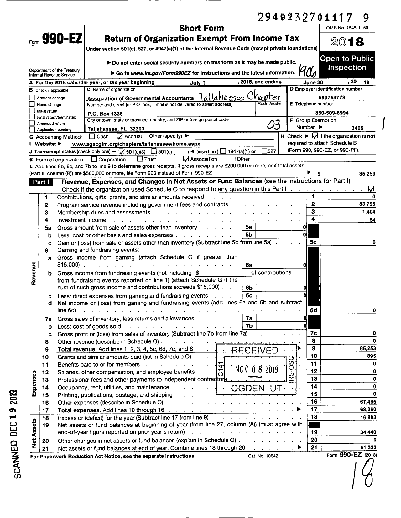 Image of first page of 2018 Form 990EZ for Association of Government Accountants / Tallahassee Chapter