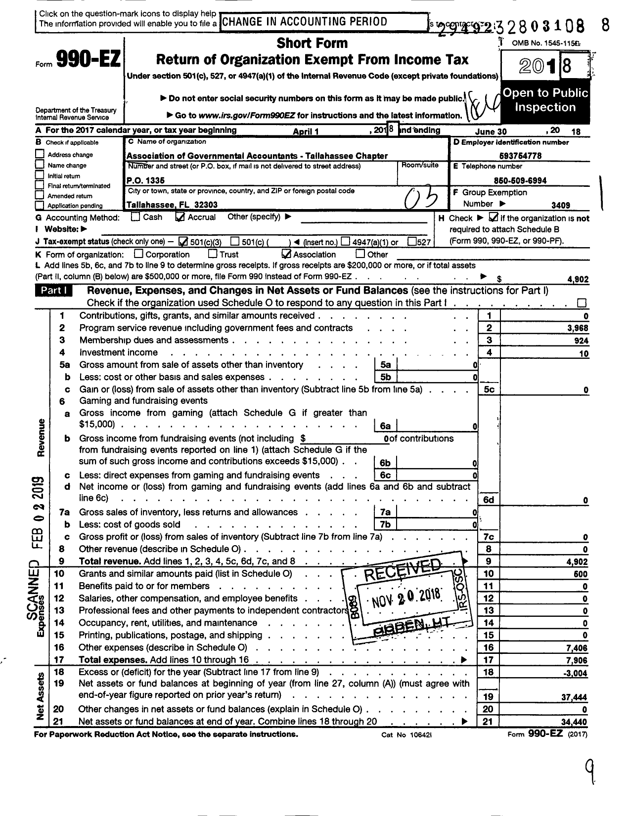 Image of first page of 2017 Form 990EZ for Association of Government Accountants / Tallahassee Chapter